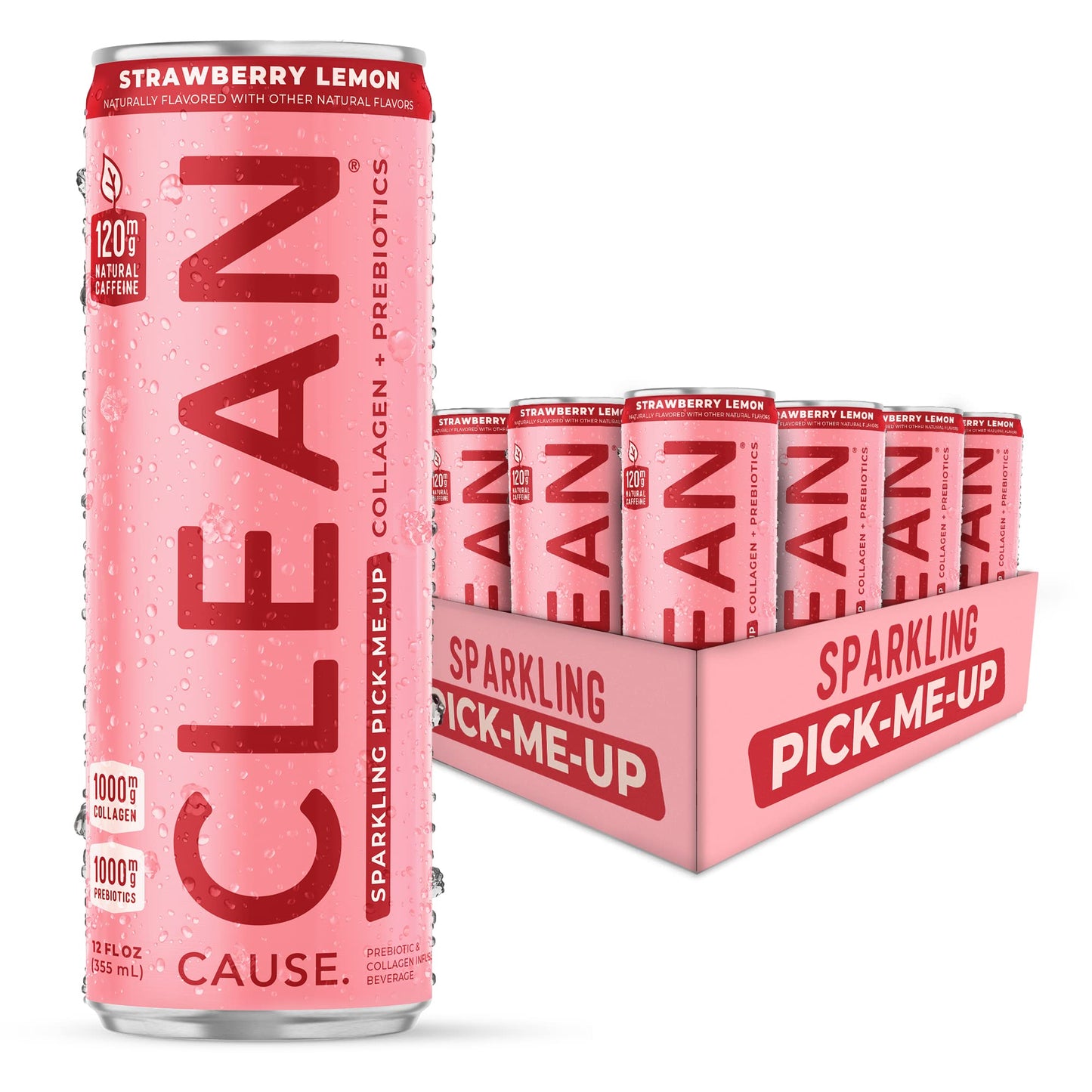 CLEAN CAUSE Strawberry Lemon Sparkling Drink, 12-Pack Case, 12oz Cans, Low Sugar, 120mg Caffeine, Healthy Soda Alternative