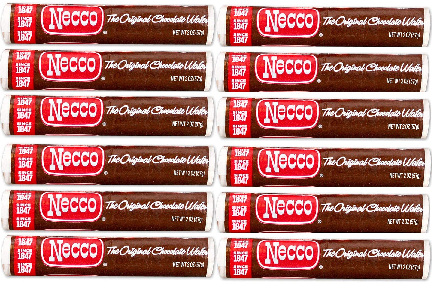 Necco Wafers Original Chocolate Hard Candy Rolls - Bundle of 12, 2 Ounce Packs