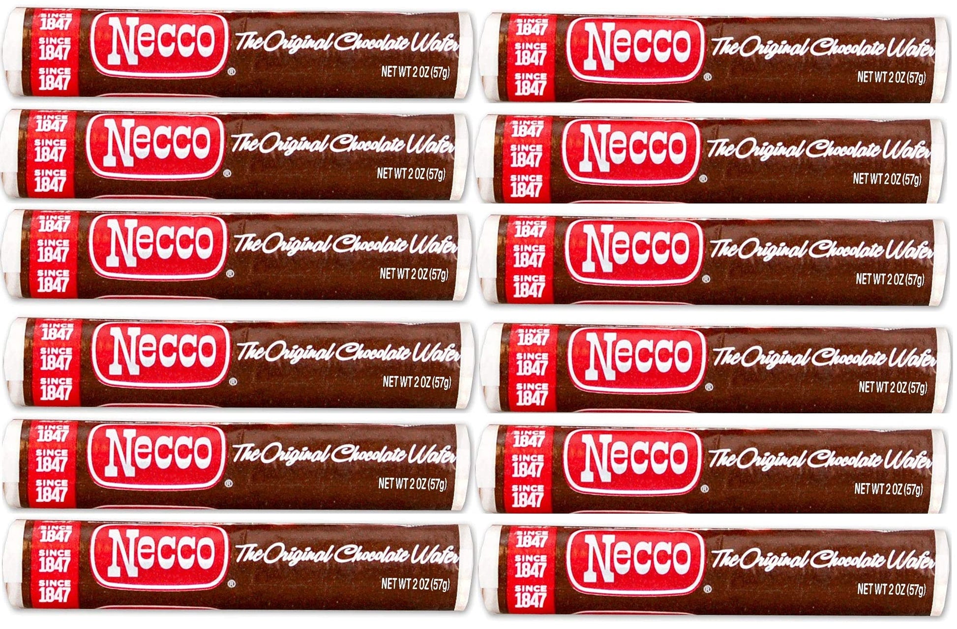 Necco Wafers Original Chocolate Hard Candy Rolls - Bundle of 12, 2 Ounce Packs