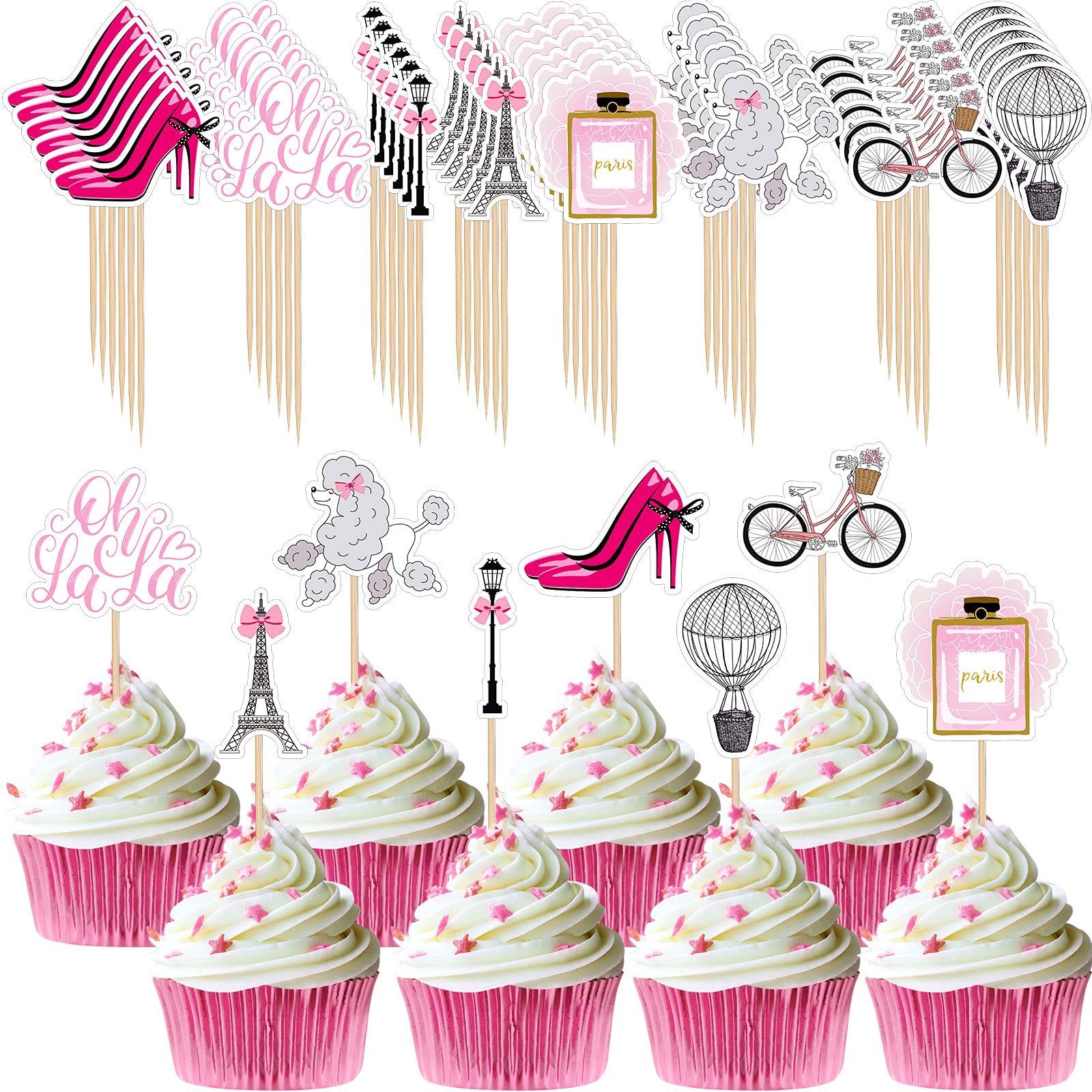 Spakon 48 Pcs Paris Cake Decoration Paris Cupcake Topper Pick Paris Eiffel Tower Bicycle High Heel Perfume Hot Balloon Oh La La