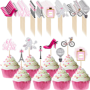 Spakon 48 Pcs Paris Cake Decoration Paris Cupcake Topper Pick Paris Eiffel Tower Bicycle High Heel Perfume Hot Balloon Oh La La