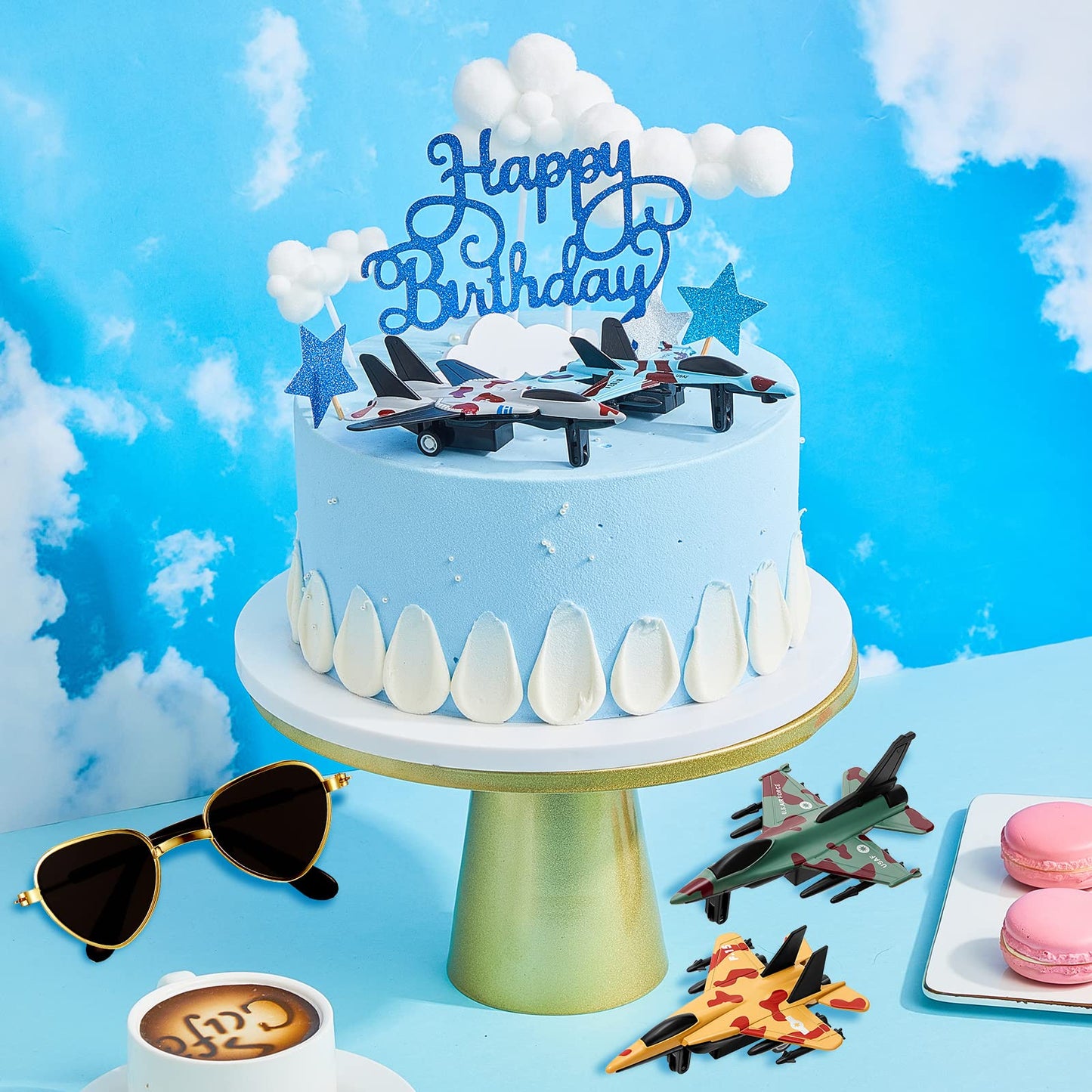 Aircraft Happy Birthday Cake Decoration Air Force Cake Topper Airplane Figurine Happy Birthday Cake Topper Mini Sunglasses Cloud