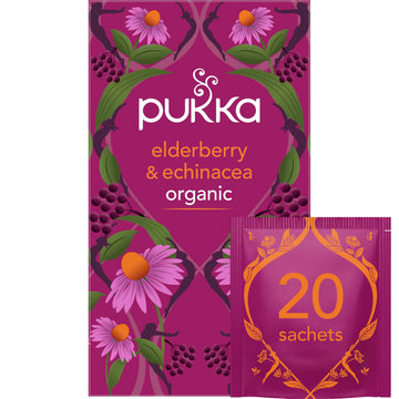 Pukka Organic Tea Bags, Elderberry & Echinacea, 1 Count (Pack of 6), 120 Tea Bags, Herbal Tea for Wellness Support