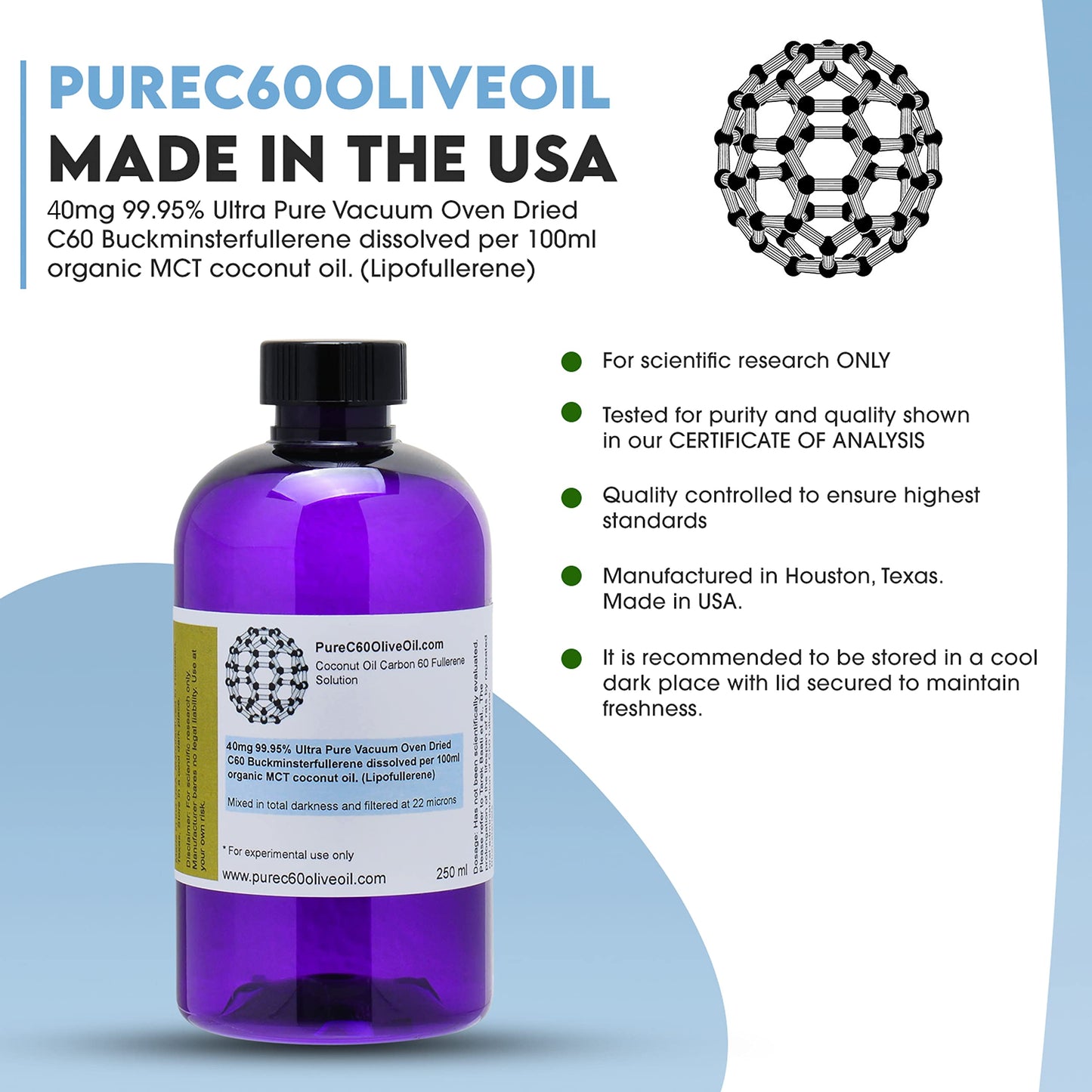 PureC60OliveOil C60 Organic MCT Coconut Oil 250ml / 8.5 Fl Oz - 99.95% Carbon 60 Solvent Free 100mg - Food Grade - Carbon 60 Coc