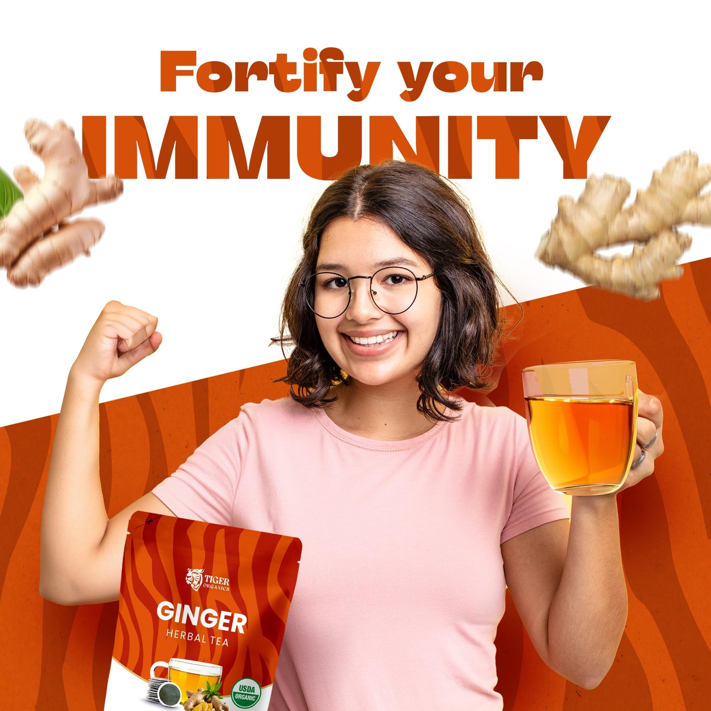 Tiger Organics, Ginger Herbal Tea - 100 Biodegradable Teabags | Natural Immunity Booster & Healthy Digestion | Your Breakfast Gu