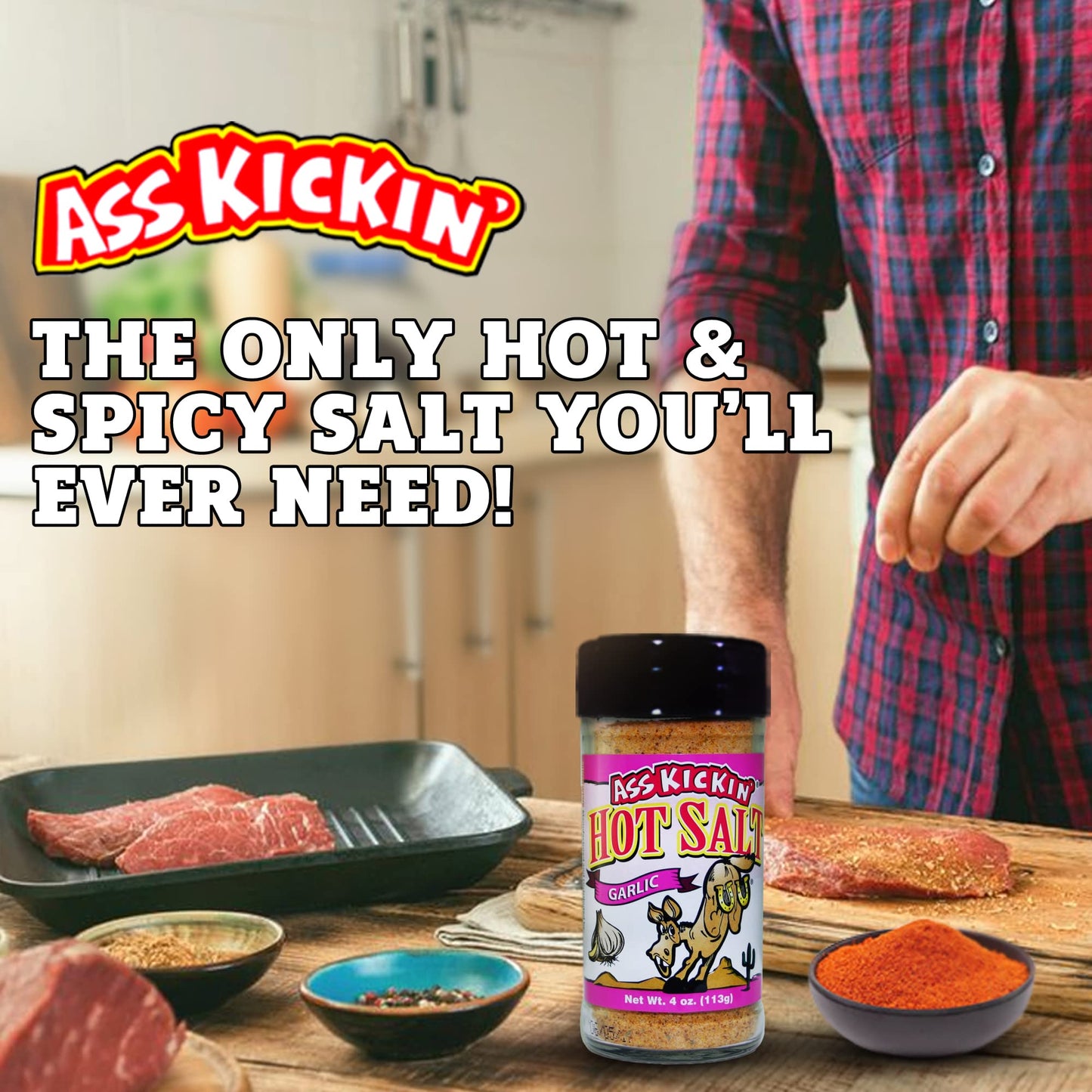 ASS KICKIN Hot & Spicy Garlic Salt - 4oz Shaker Jar - Gourmet Seasoning for Popcorn, Fries, and More