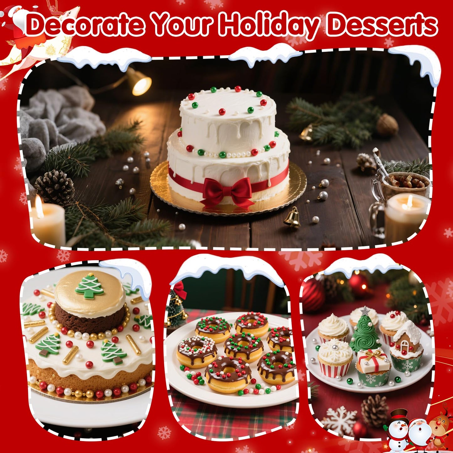 Edible Christmas Sprinkles Pearls for Cake Decorating,130g Red Green White and Silver Pearl Mixed,Edible Sugar Holiday sprinkle