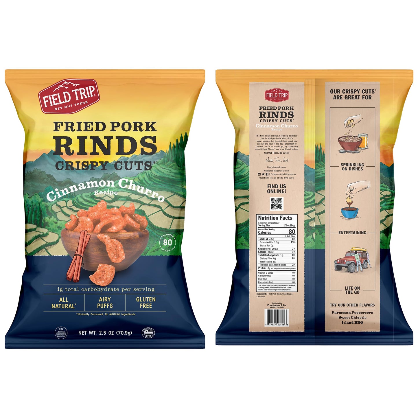 Field Trip Gluten Free Pork Rinds, Paleo & Keto Friendly Airy Puffs, Crunchy High Protein Snacks, Low Carb Snack From Back Pork Skins, 2.5Oz Bag, 4 Pack, Cinnamon Churro, Holiday & Christmas Gift Item