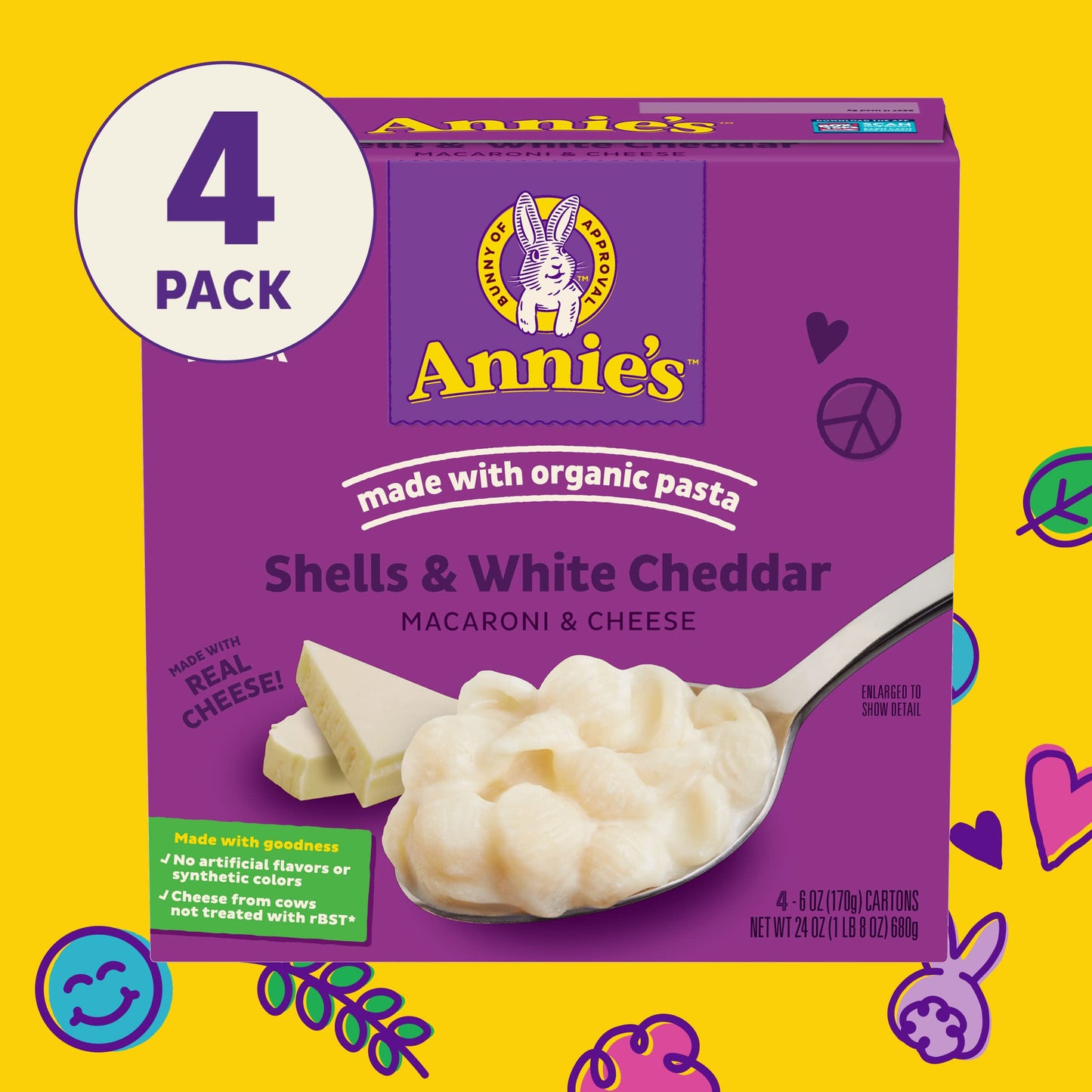 Annie’s Shells and White Cheddar Mac and Cheese, Organic Pasta, 6 Ounce (Pack of 4), 24 oz