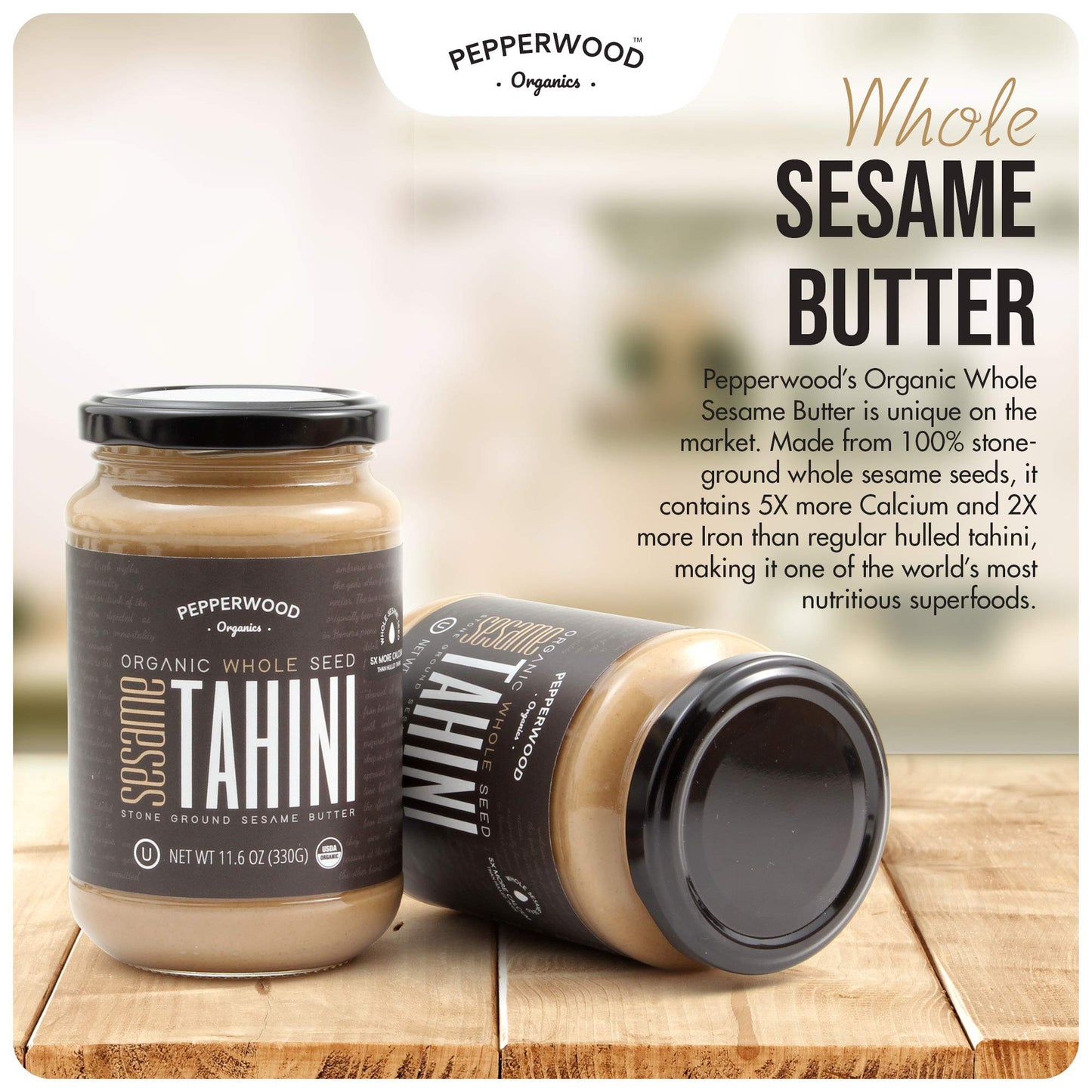 Organic Whole Sesame Tahini Paste - Unhulled & Stone-Ground - Silky Smooth Texture in Hummus, Dips, Dressings - Unsalted, Nut-Fr