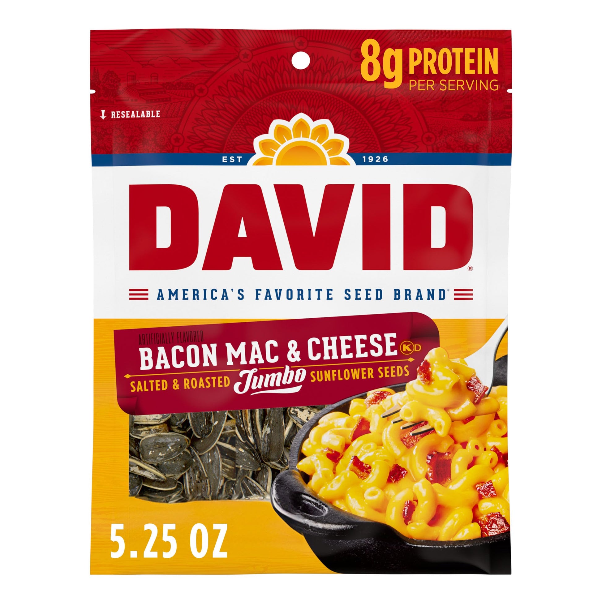 David Jumbo Sunflower Seeds  Bacon Mac And Cheese Flavor  Stocking Stuffer  5.25 Oz. (Pack Of 12)