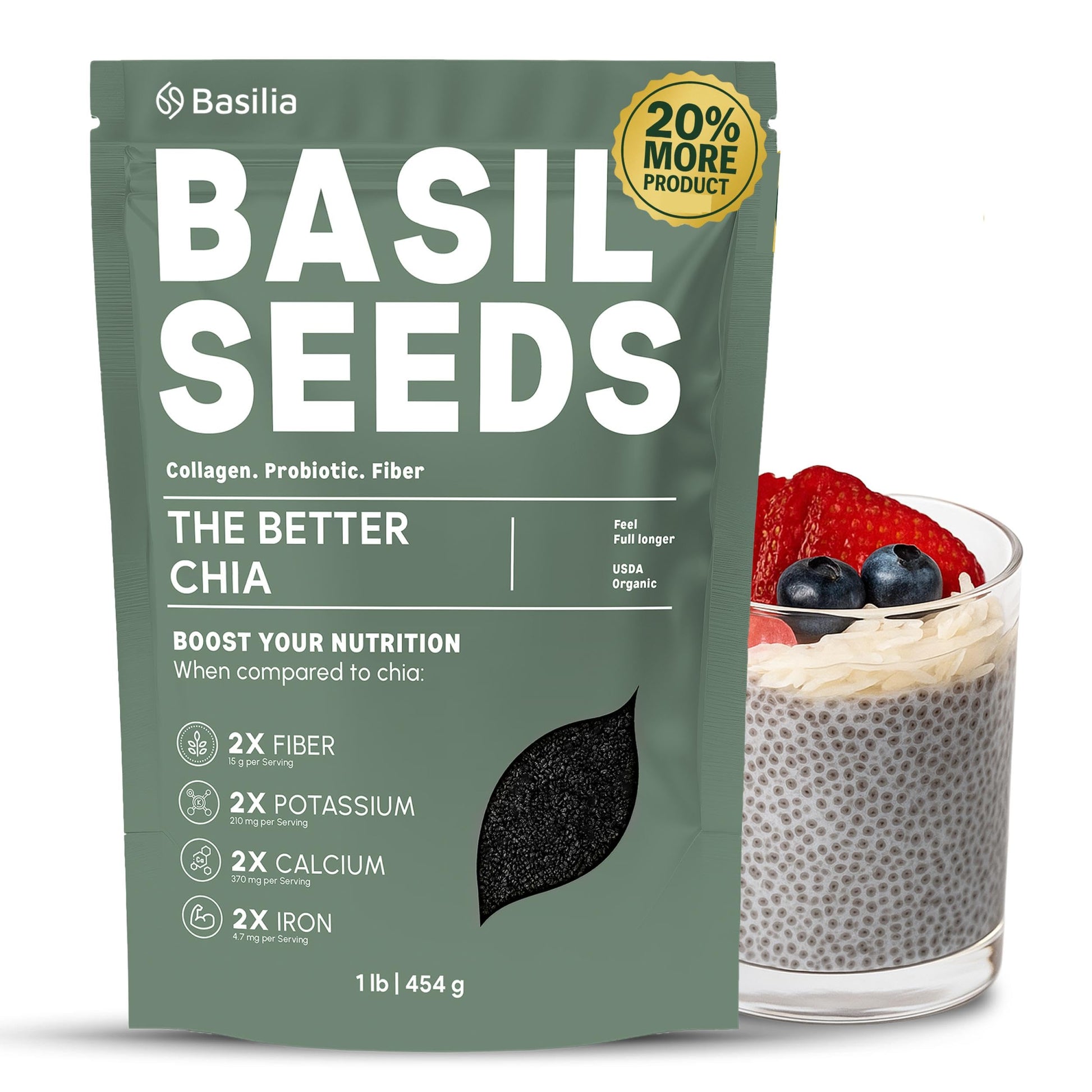 Basilia Basil Seeds Organic For Eating | 2X More Fiber Than Chia | Nutrition-Packed Edible Basil Seeds Superfood For Breakfast  Smoothies & Drinks | Keto Friendly & Gluten Free | 1Lb Bag