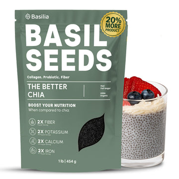 Basilia Basil Seeds Organic For Eating | 2X More Fiber Than Chia | Nutrition-Packed Edible Basil Seeds Superfood For Breakfast  Smoothies & Drinks | Keto Friendly & Gluten Free | 1Lb Bag