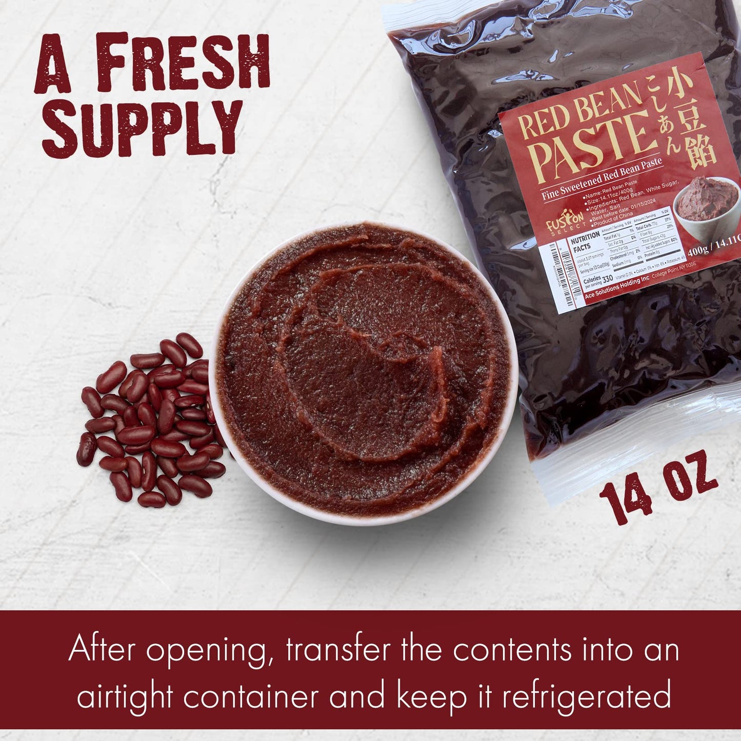 Fusion Select Red Bean Paste - Sweetened Adzuki Bean Paste for Desserts, Buns, Mochi - 3 Packs