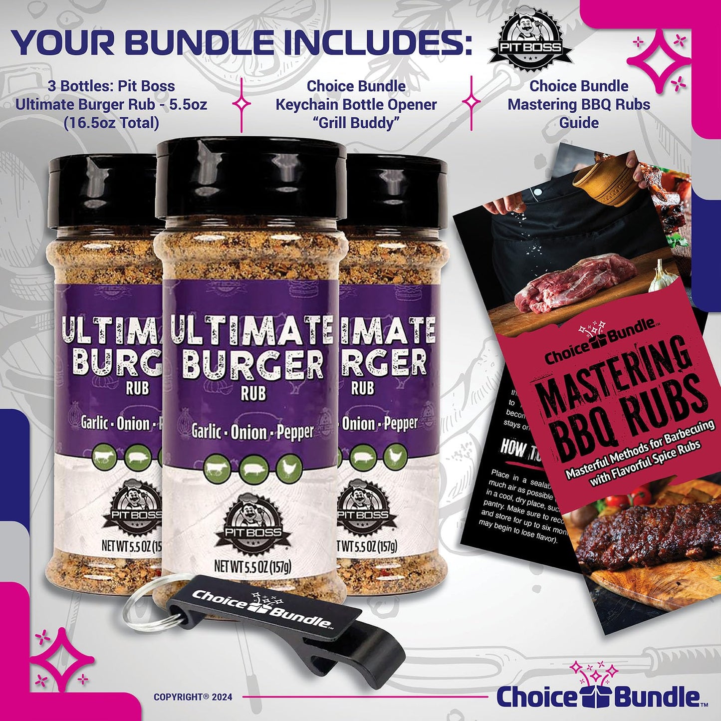 Pit Boss BBQ Seasoning Spice & Rub 3 Pack Bundle (16.5 oz) with Guide & Keychain Opener