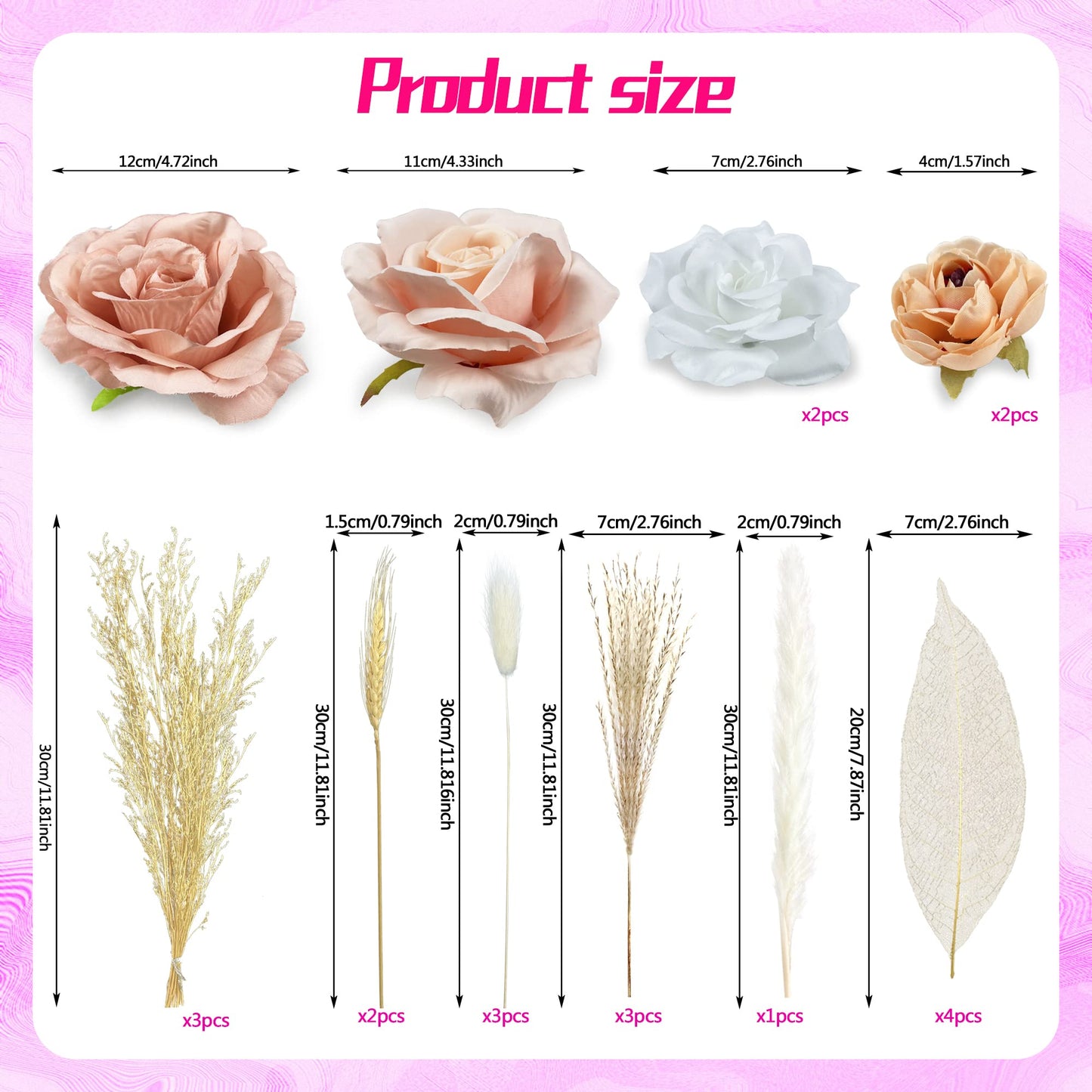 HAVAGDTM 22 PCS Boho Cake Topper Set - Vintage Artificial Rose Flowers & Dried Pampas Grass - Pink White Apricot for Weddings & Parties