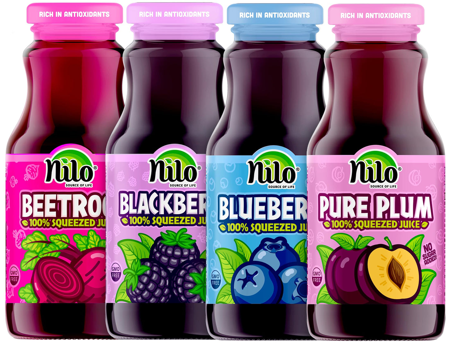 NILO Variety Pack | 100% Squeezed Juice Blackberry Blueberry Plum Beetroot | NO Sugar added | NON GMO | NOT From Concentrate | 8