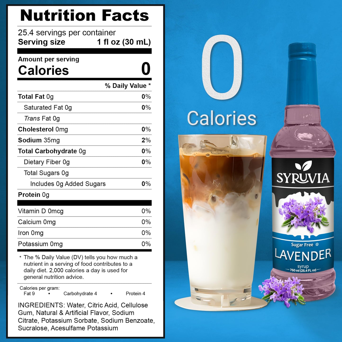 Syruvia Sugar-Free Lavender Syrup - 25.4 Fl Oz. Premium Coffee Flavoring Syrup. 0 Calories, Kosher, And Gluten-Free. Perfect For
