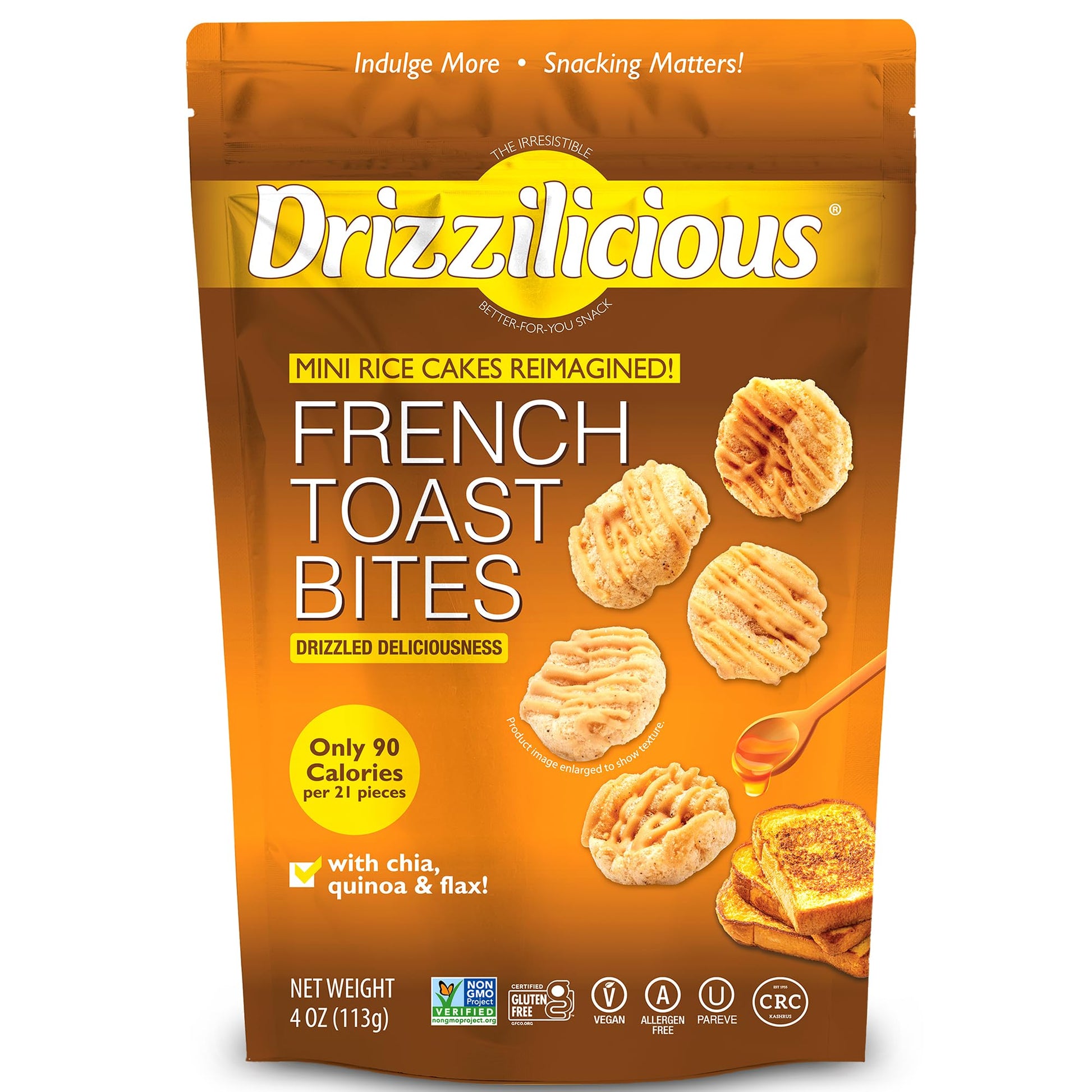 Drizzilicious Mini Rice Cakes French Toast - Rice Crisps  Healthy Snack for mature-themeds and Kids  Flavored Rice Cakes  Vegan  Gluten Free  Allergen Free  Only 90 Calories Per Serving - 4 oz (Pack of 6)