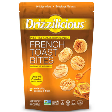 Drizzilicious Mini Rice Cakes French Toast - Rice Crisps  Healthy Snack for mature-themeds and Kids  Flavored Rice Cakes  Vegan  Gluten Free  Allergen Free  Only 90 Calories Per Serving - 4 oz (Pack of 6)