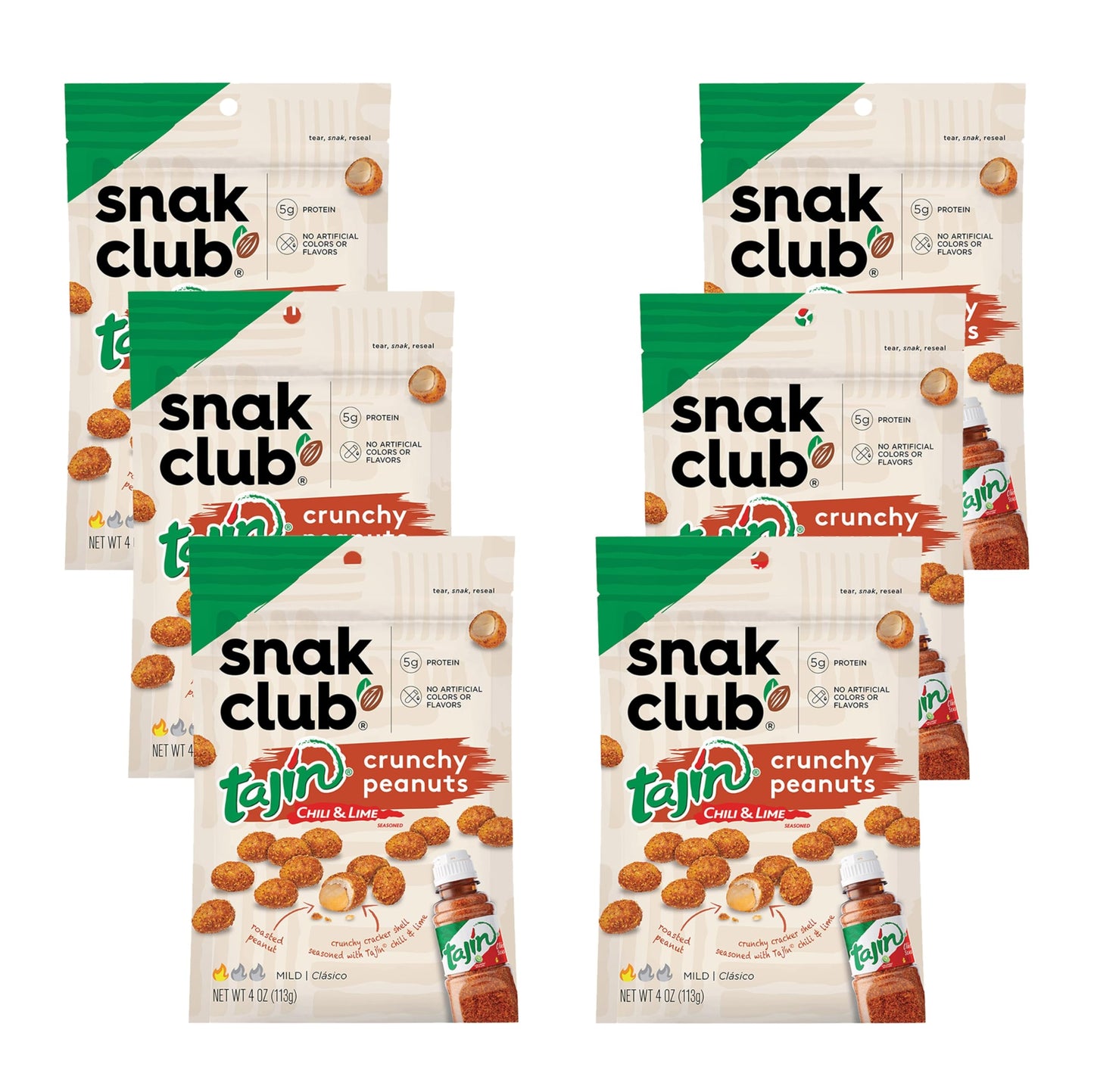 Snak Club Tajin Crunchy Peanuts  Nuts with Chili and Lime Seasoning  Mild  No Artificial Colors or Flavors  4 oz Resealable Bags  6 Pack