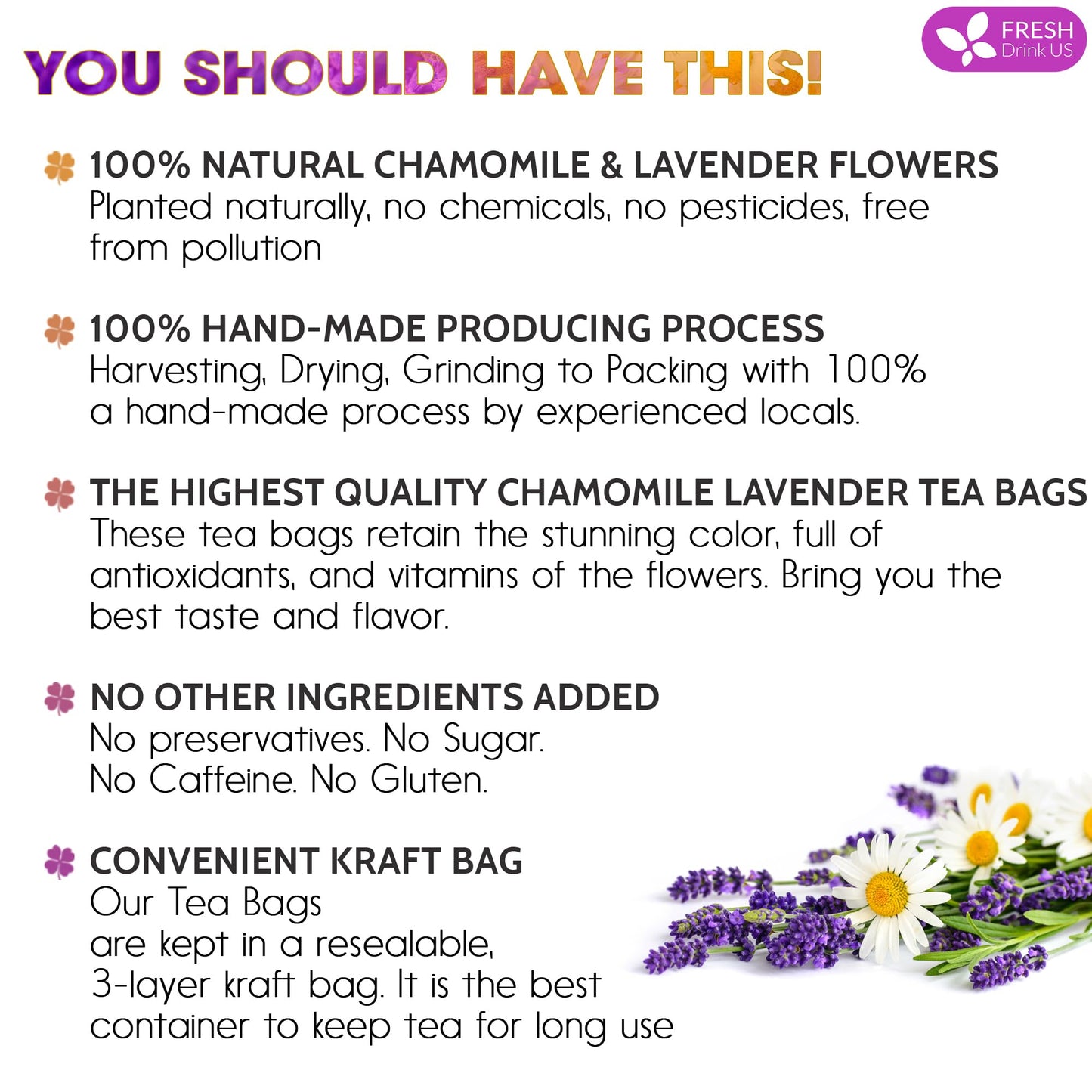 FRESHDRINKUS Chamomile Lavender Tea Bags, Caffeine-Free Herbal Blend, 60 Bags, Natural Relaxation Tea