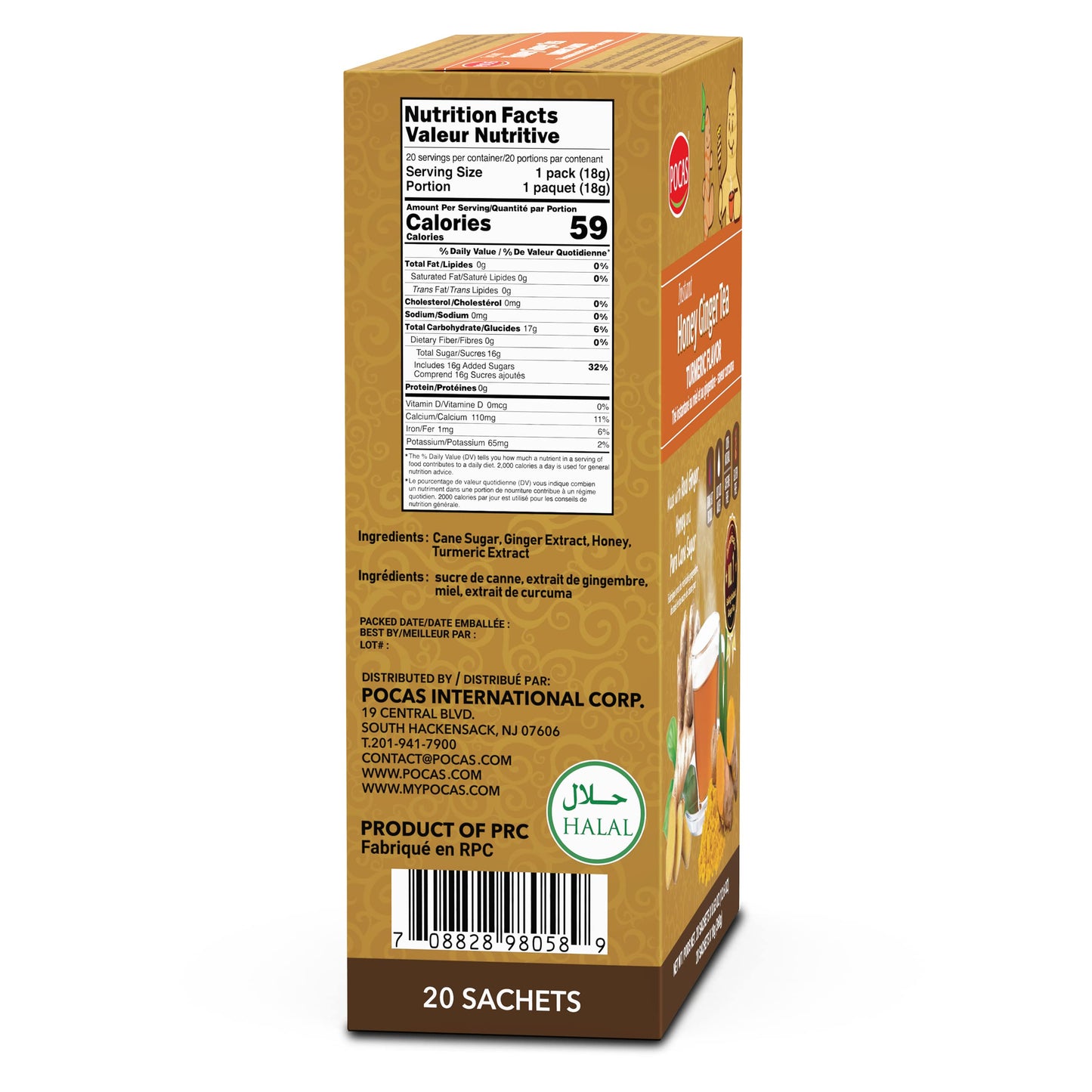 Pocas Honey Ginger Tea Powder Packets, Non-GMO, Gluten Free, Caffeine Free, 40 Count (Pack of 2)