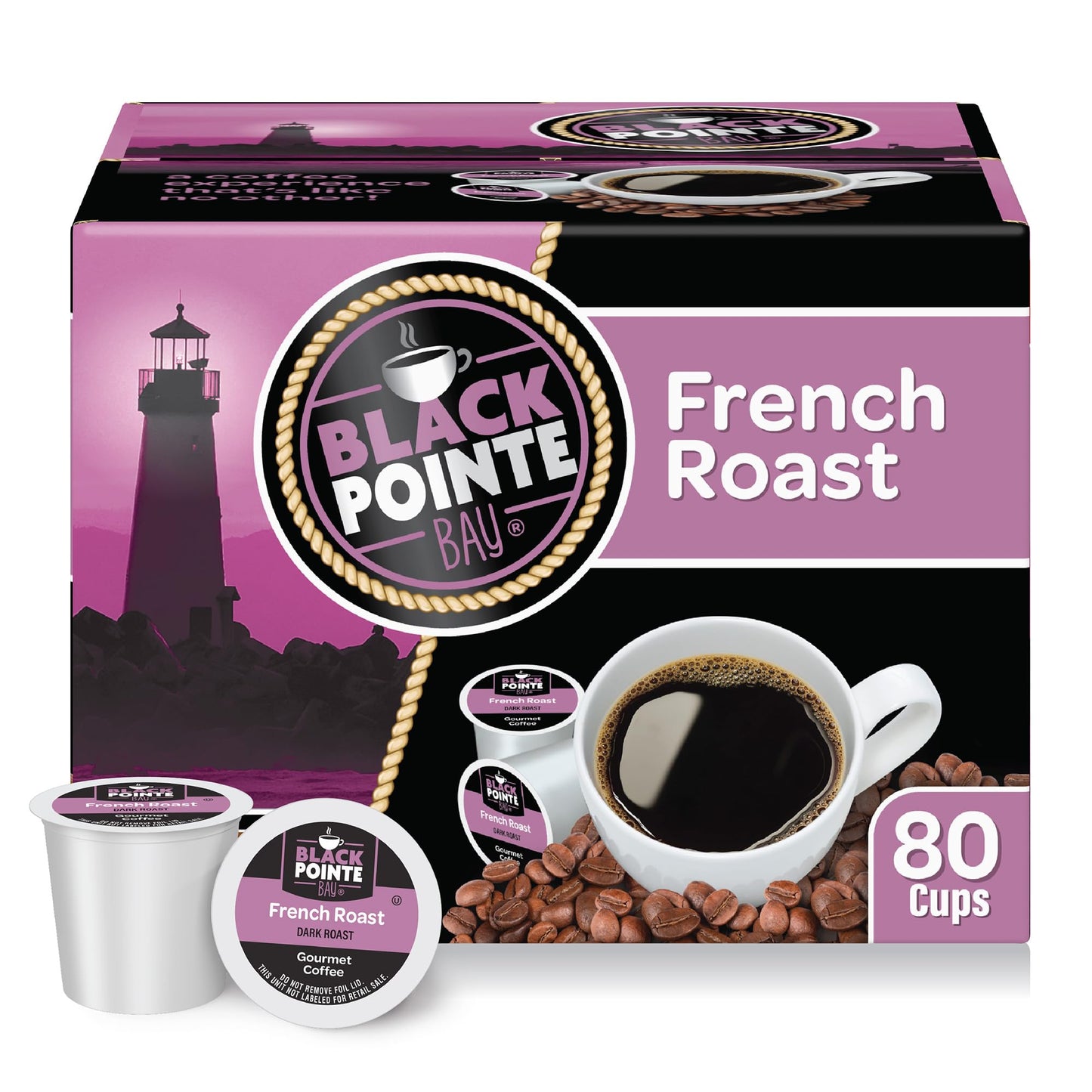 Black Pointe Bay Coffee French Roast, Dark Roast, 80 Count, Single Serve Coffee Pods For Keurig K-Cup Malt-Inspired