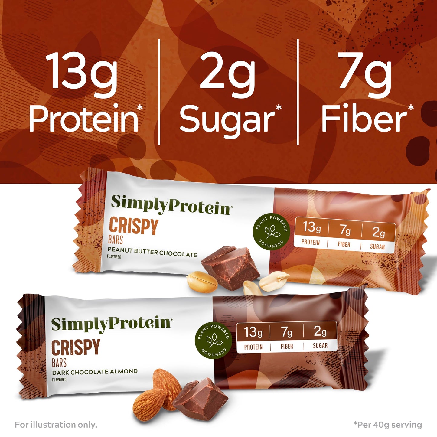 Simply Protein Crispy Bars Variety Pack - Peanut Butter & Dark Chocolate Almond - 13g Protein, 2g Sugar, Vegan - 16 Bars (2 Boxes)