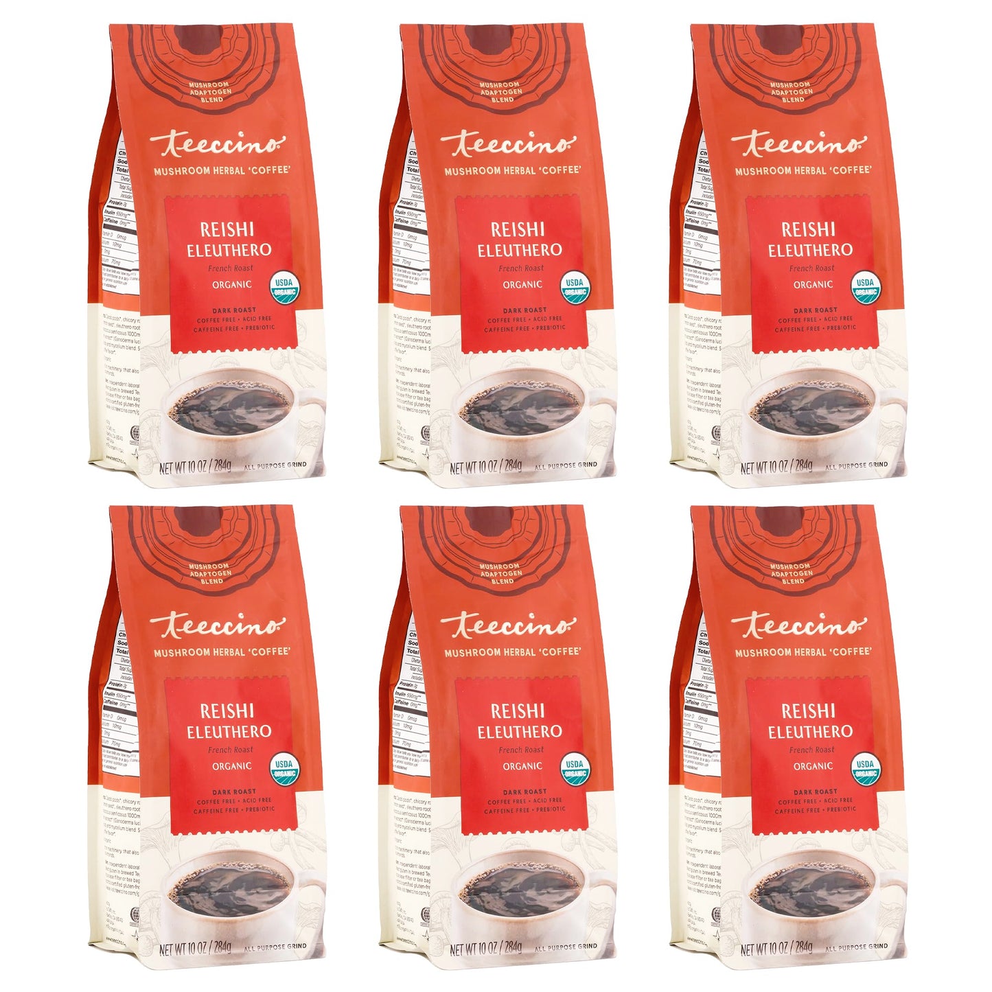 Teeccino Reishi Eleuthero Coffee Alternative, Organic Dark Roast, Caffeine Free, 10 Oz (Pack of 6), Natural