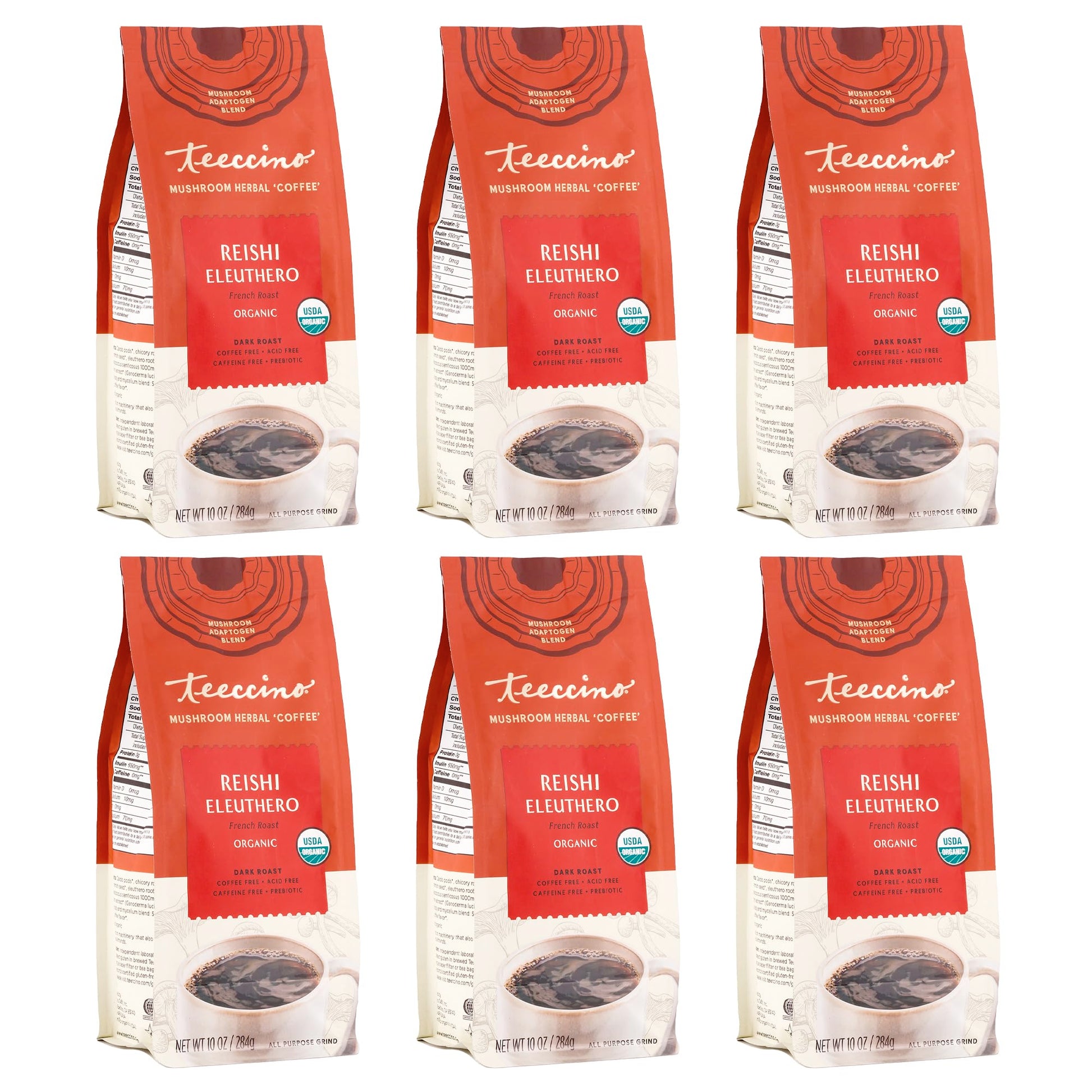 Teeccino Reishi Eleuthero Coffee Alternative, Organic Dark Roast, Caffeine Free, 10 Oz (Pack of 6), Natural