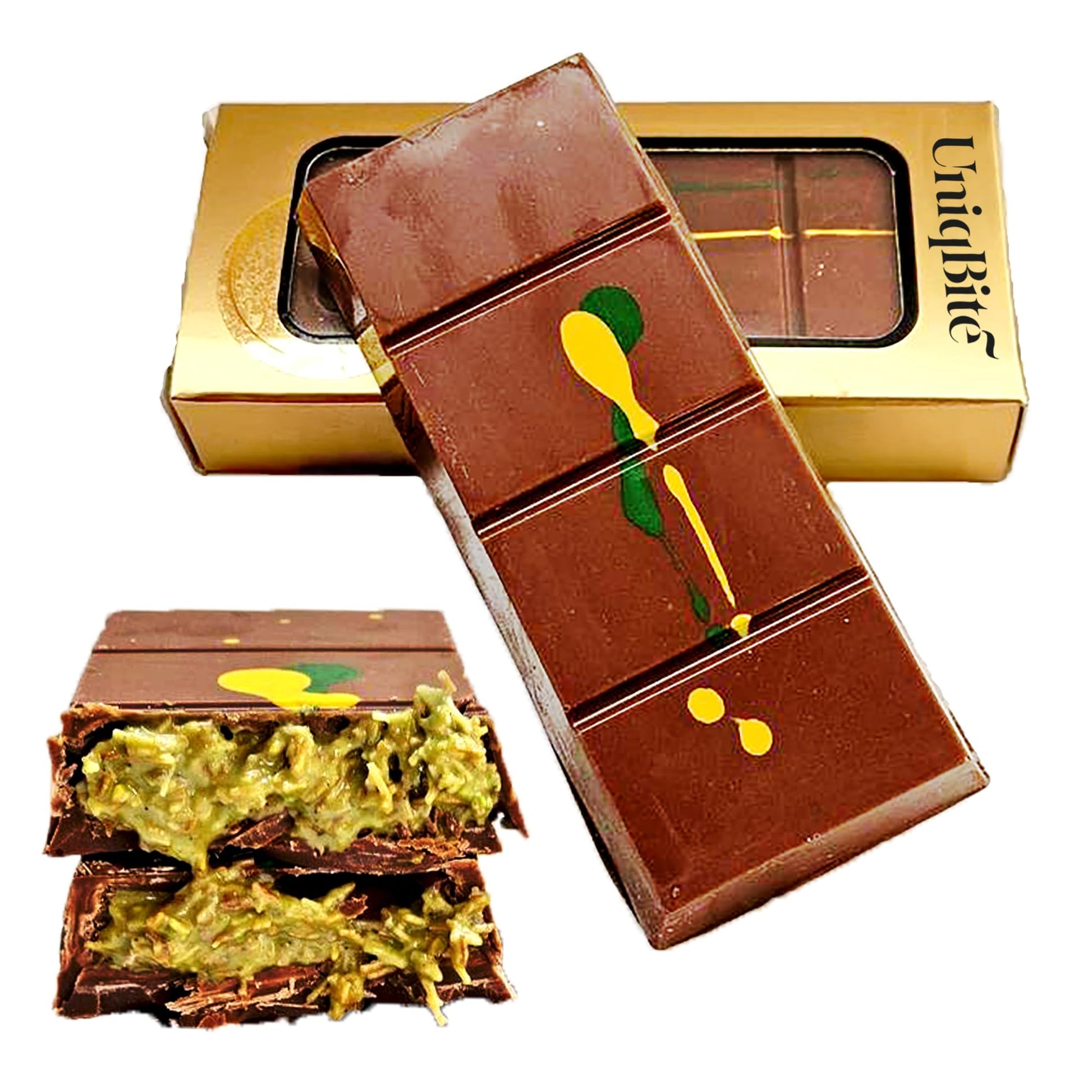 2 PACK Dubai Chocolate Bar Pistachio, Handmade Luxury Knafeh Chocolate Bar with Pistachio Cream and Kataifi (Total 7 oz - 200g)
