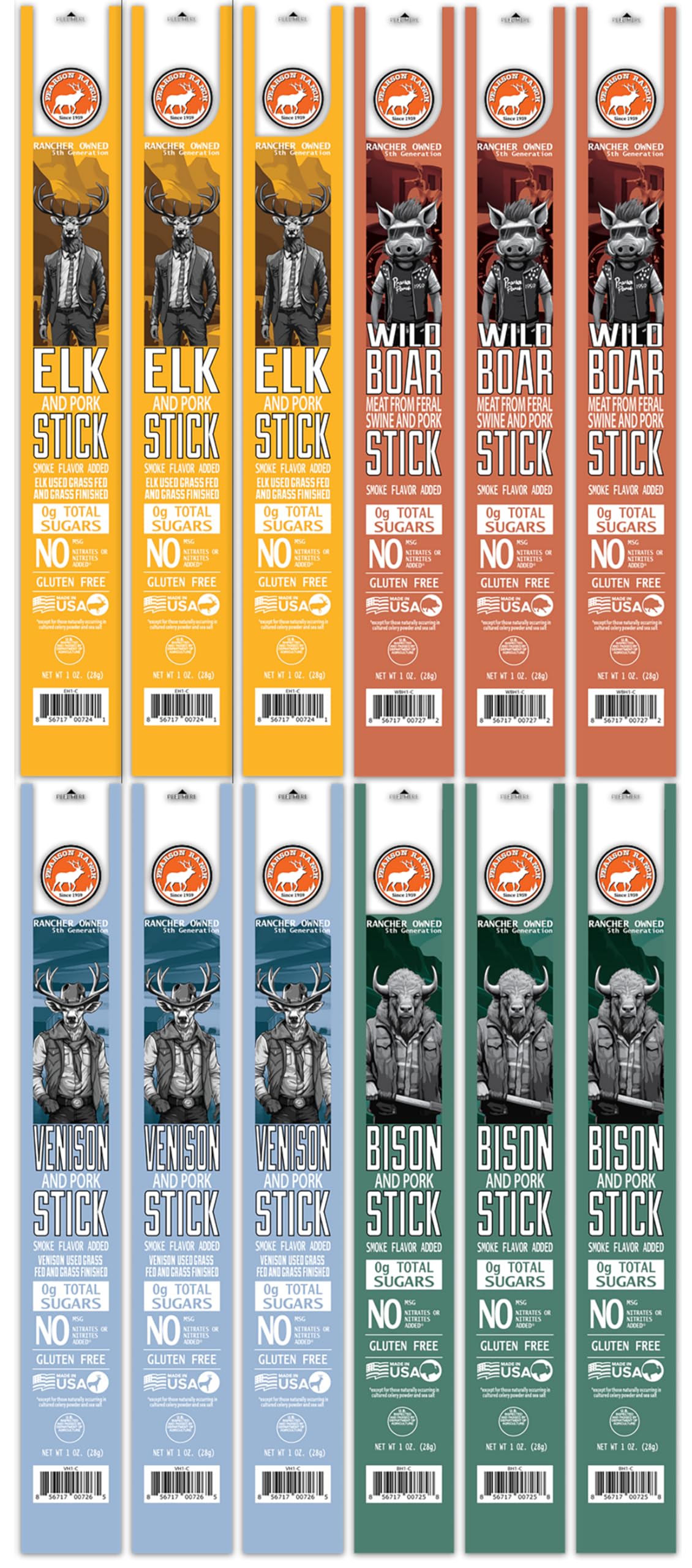 PEARSON RANCH SINCE 1959 Meat Sticks Variety - Elk, Buffalo, Venison, Wild Boar - Exotic Jerky Sticks, No Added Nitrites, High-P