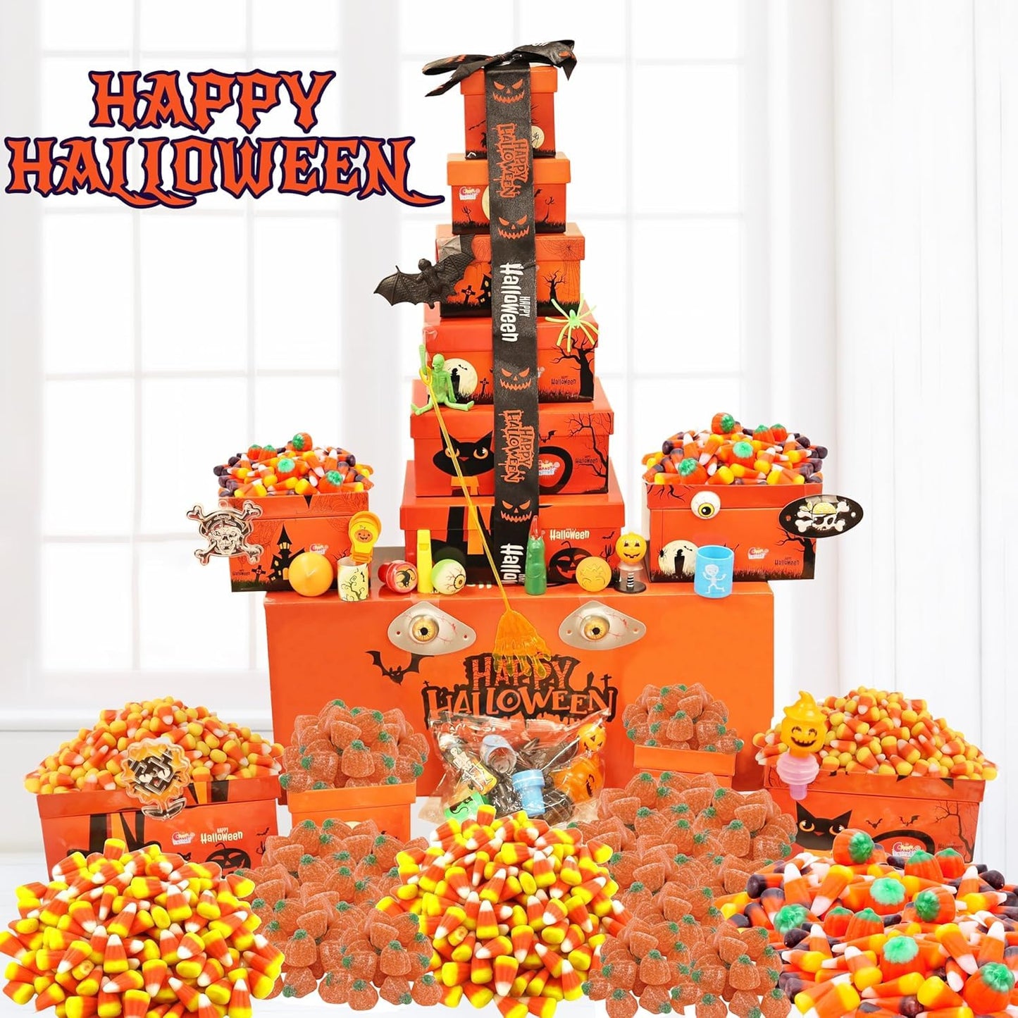 Sarahs Candy Factory Halloween Tower Box With Ribbon – 6 Tier Gift Box With Candy Corn, Autumn Mix, Indian Candy Corn, Jelly Pumpkins And 20 Fun Toys, Individually Wrapped Treat Packs