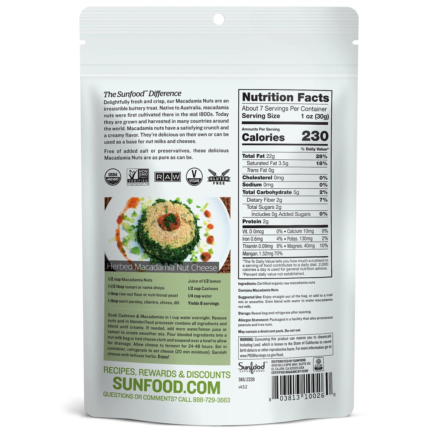 Sunfood Superfoods Organic Macadamia Nuts - Raw Macadamia Nuts Organic, Organic Macadamia Nuts Unsalted, For Macadamia Nut Milk, Baking, Trail Mix, Cheese, Usda Organic, Raw, Vegan, Non Gmo - 8 Oz Bag