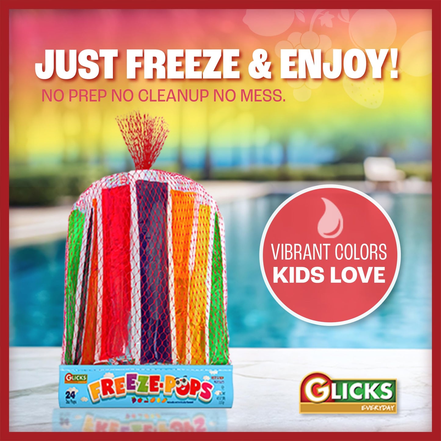 Glicks Freeze Pop Assorted Flavors, Low Calorie Frozen Ice Pops, 96 Count