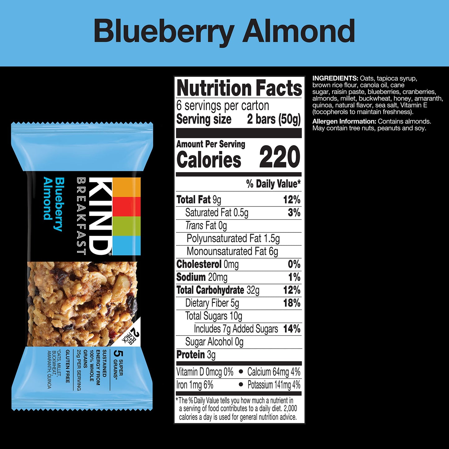 KIND Breakfast Bars, Blueberry Almond, Healthy Snacks, Gluten Free, 100% Whole Grains, 3g Protein, 30 Count