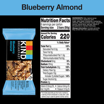 KIND Breakfast Bars, Blueberry Almond, Healthy Snacks, Gluten Free, 100% Whole Grains, 3g Protein, 30 Count