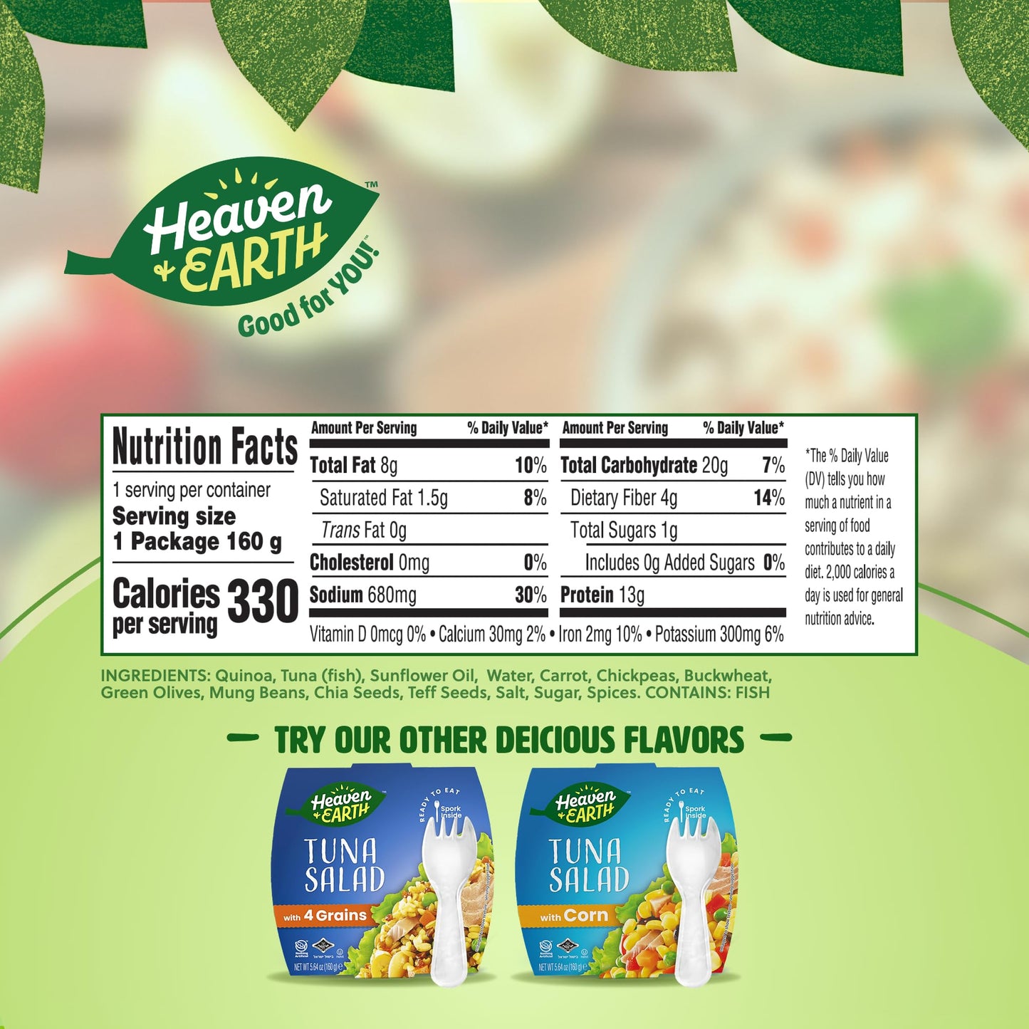HEAVEN & EARTH Tuna Salad with Quinoa, 5.64oz (4 Pack), Travel Friendly, Spork Included