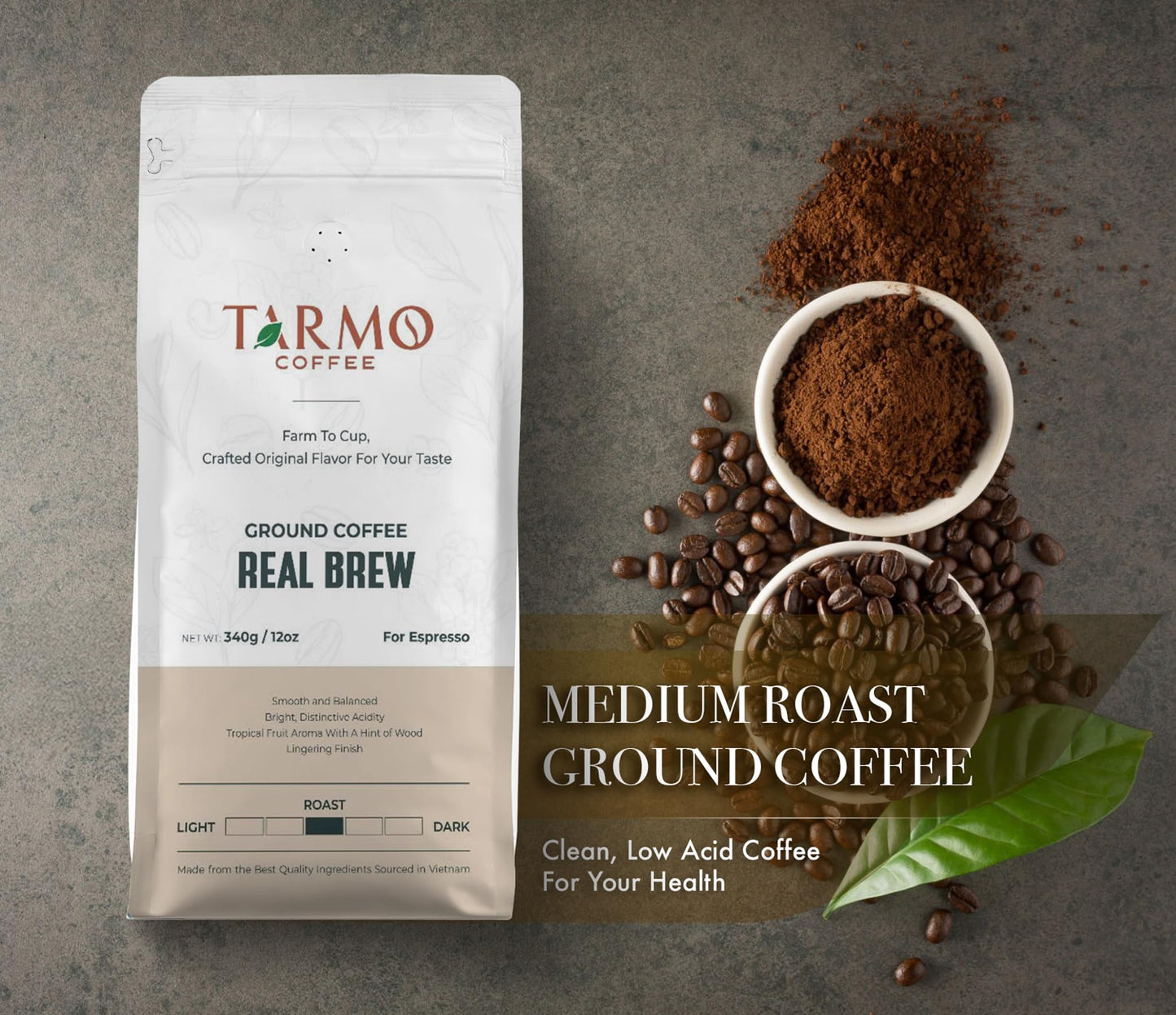 Tarmo Coffee | Real Brew - Low Acid Ground Coffee, Vietnamese Coffee, Premium Arabica, Medium Roast, 12 Oz Bag