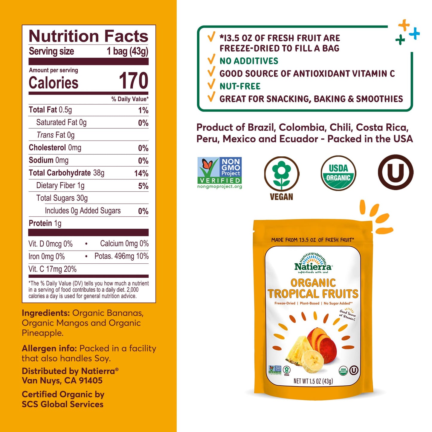 Natierra Organic Freeze-Dried Tropical Fruits | Non-Gmo & Vegan | 1.5 Ounce (Pack Of 2)