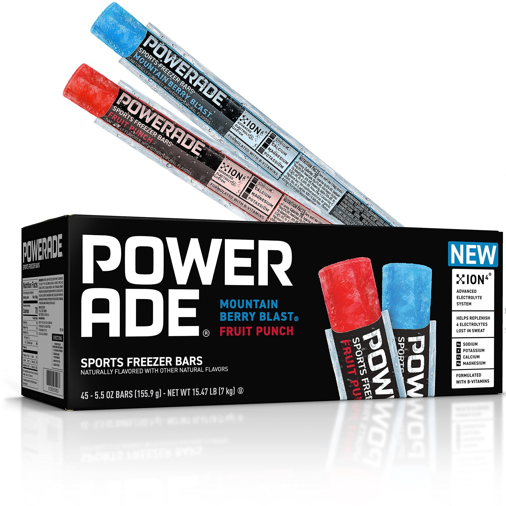 POWERADE Sports Freezer Bars  Giant Sized 5.5 oz Refreshing Ice Pops with Electrolytes B Vitamins - Naturally Flavored  Mountain Berry Blast and Fruit Punch  45 Total Freezer Bars
