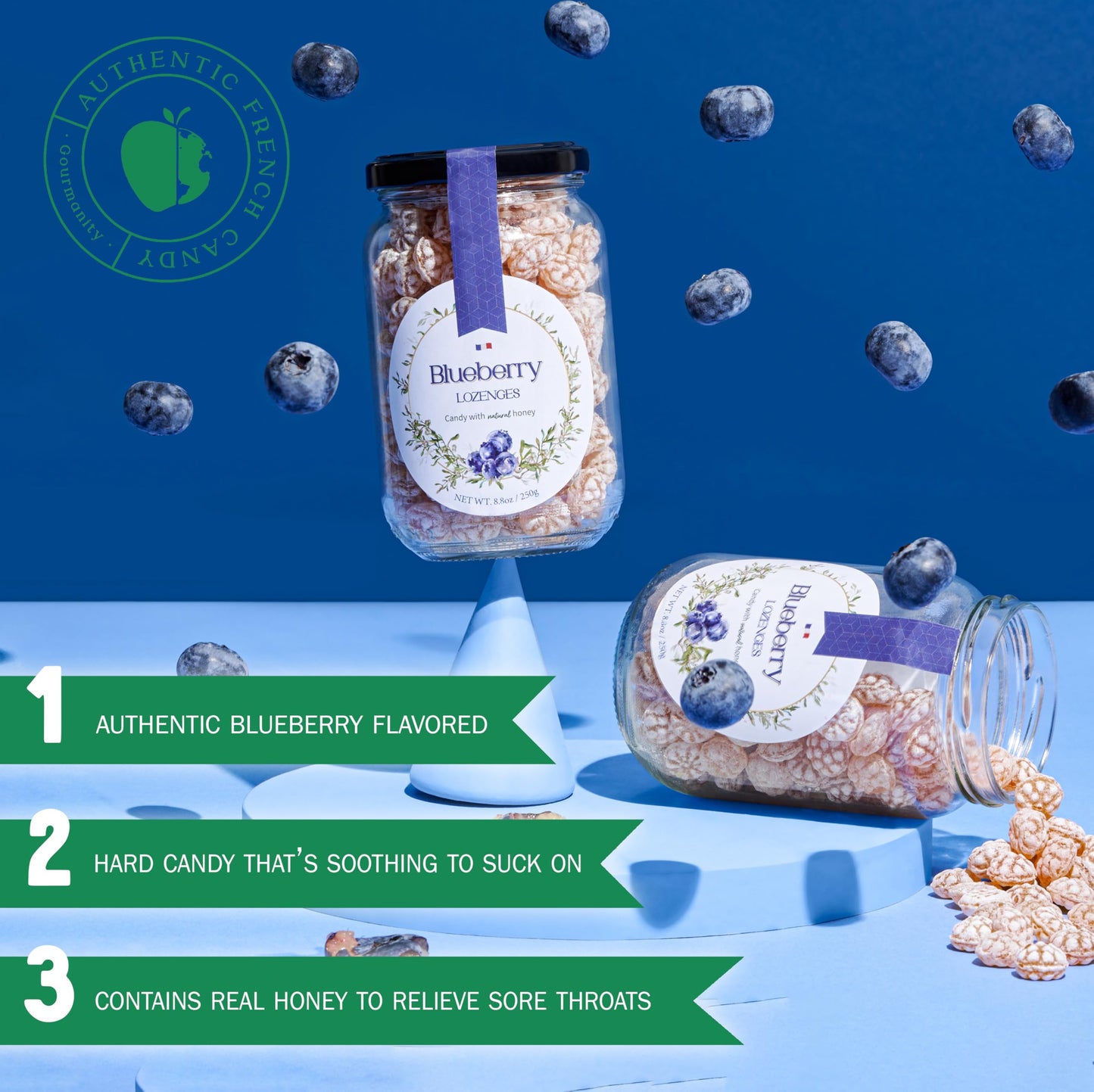 Gourmanity Blueberry Flavor Honey Lozenges Made With Real Honey And Natural Blueberry Flavor, Luxury French Honey Candy, Great S