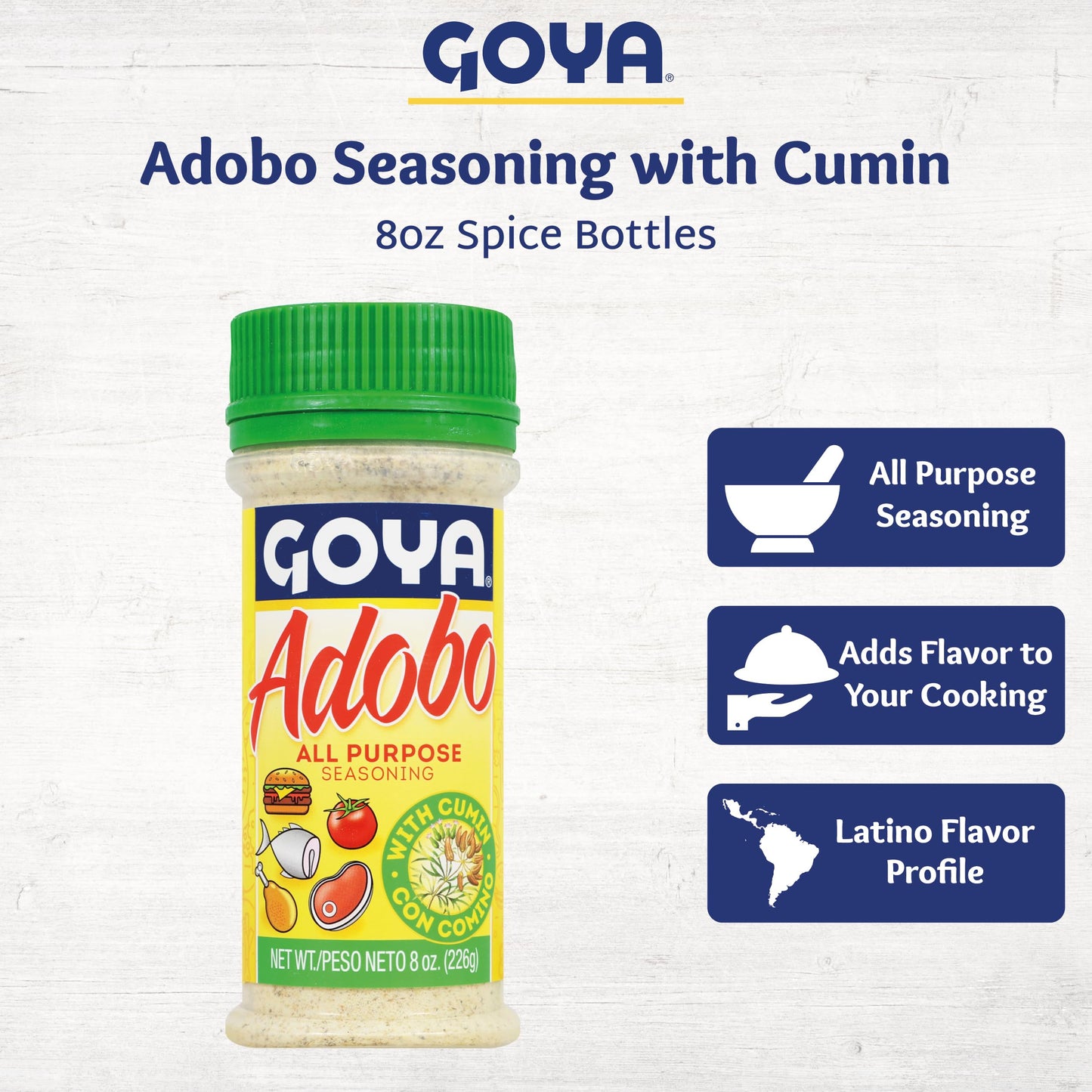 Adobo All Purpose Seasoning With Cumin By Goya, Poultry, Seafood, Meat, And Vegetable Seasoning, Fat Free And Calorie Free Latin Spice Blend, Mexican Seasoning, 8Oz. Bottle