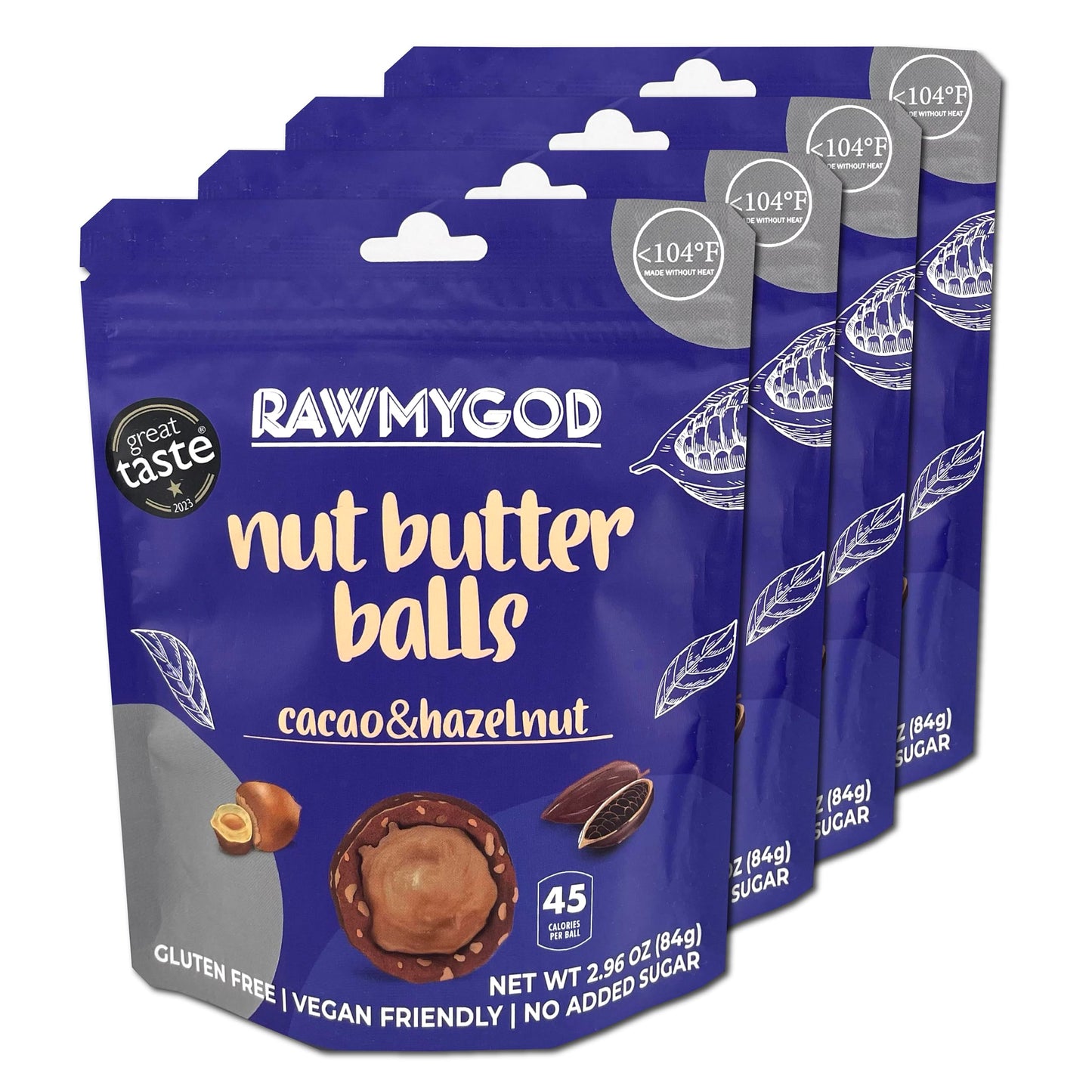 RAWMYGOD Nut Butter Balls, Gluten Free, Vegan, No Added Sugar, 4 Pack, Cacao & Hazelnut, Brown