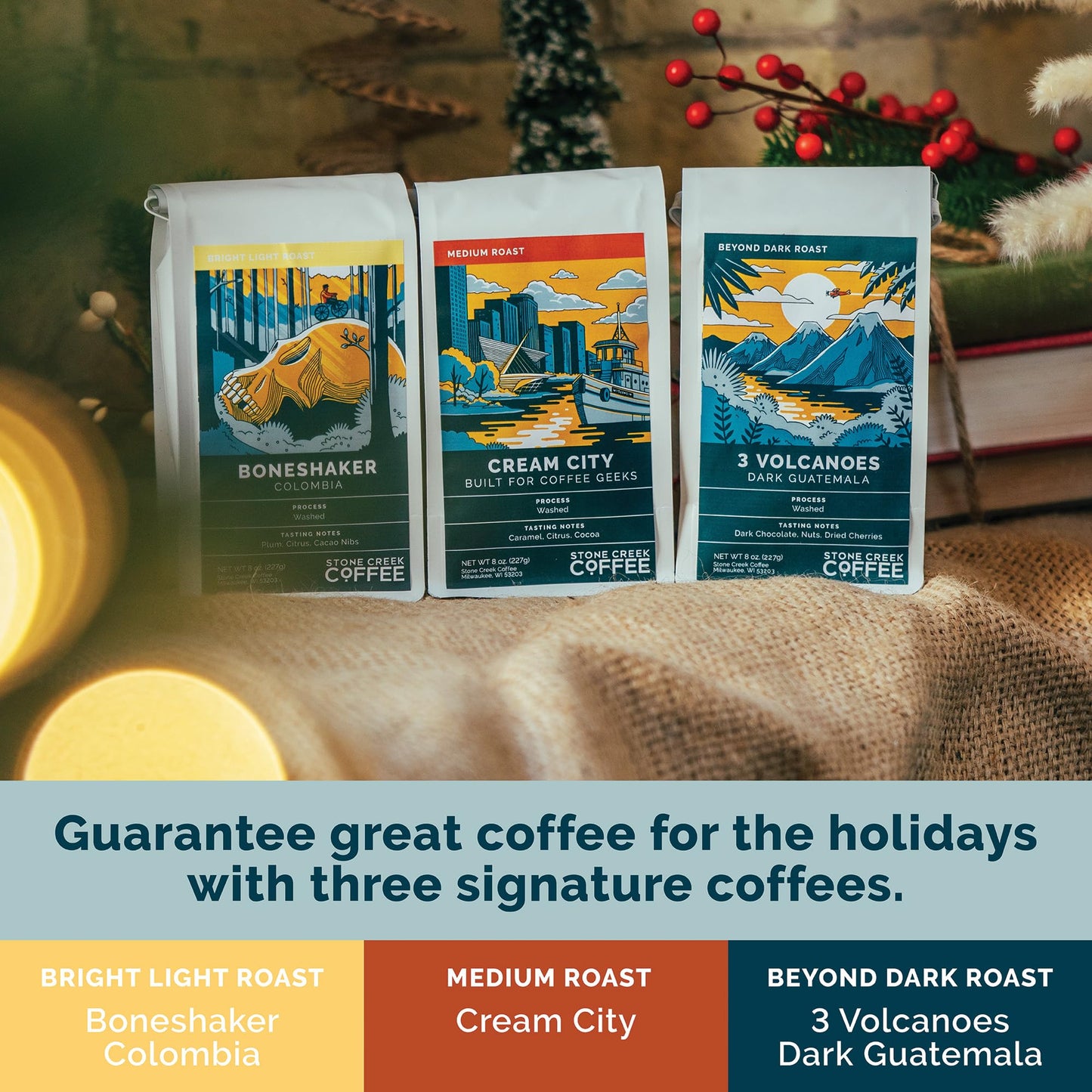 Stone Creek Coffee Cream City Cheer Box Dark, Medium And Light Roast, (8 Oz, Pack Of 3) – Whole Bean Coffee Sampler, Holiday Limited-Edition Gift Set, Bright, Smooth And Bold Fresh Roasted Coffee Beans