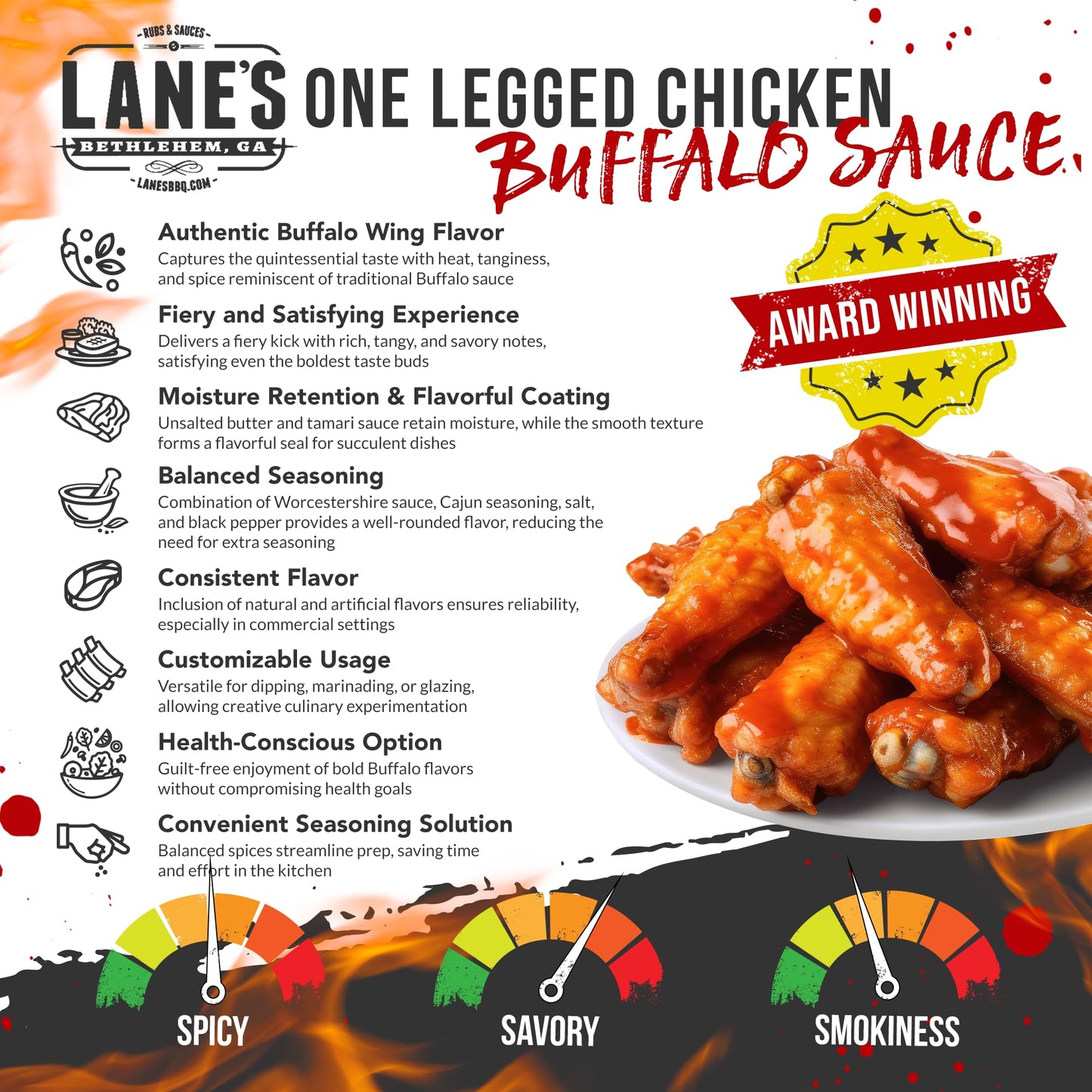 Lane'S One Legged Chicken Buffalo Sauce, Award Winning Buffalo Wing Sauce, Delicious Bold And Tangy Flavor, Goes Great With Chic