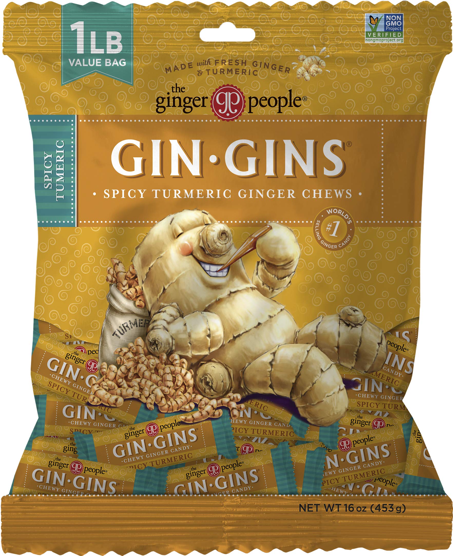 The Ginger People Chewy Ginger Candy, Spicy Turmeric Flavor, 1 lb Bag, Individually Wrapped, Orange