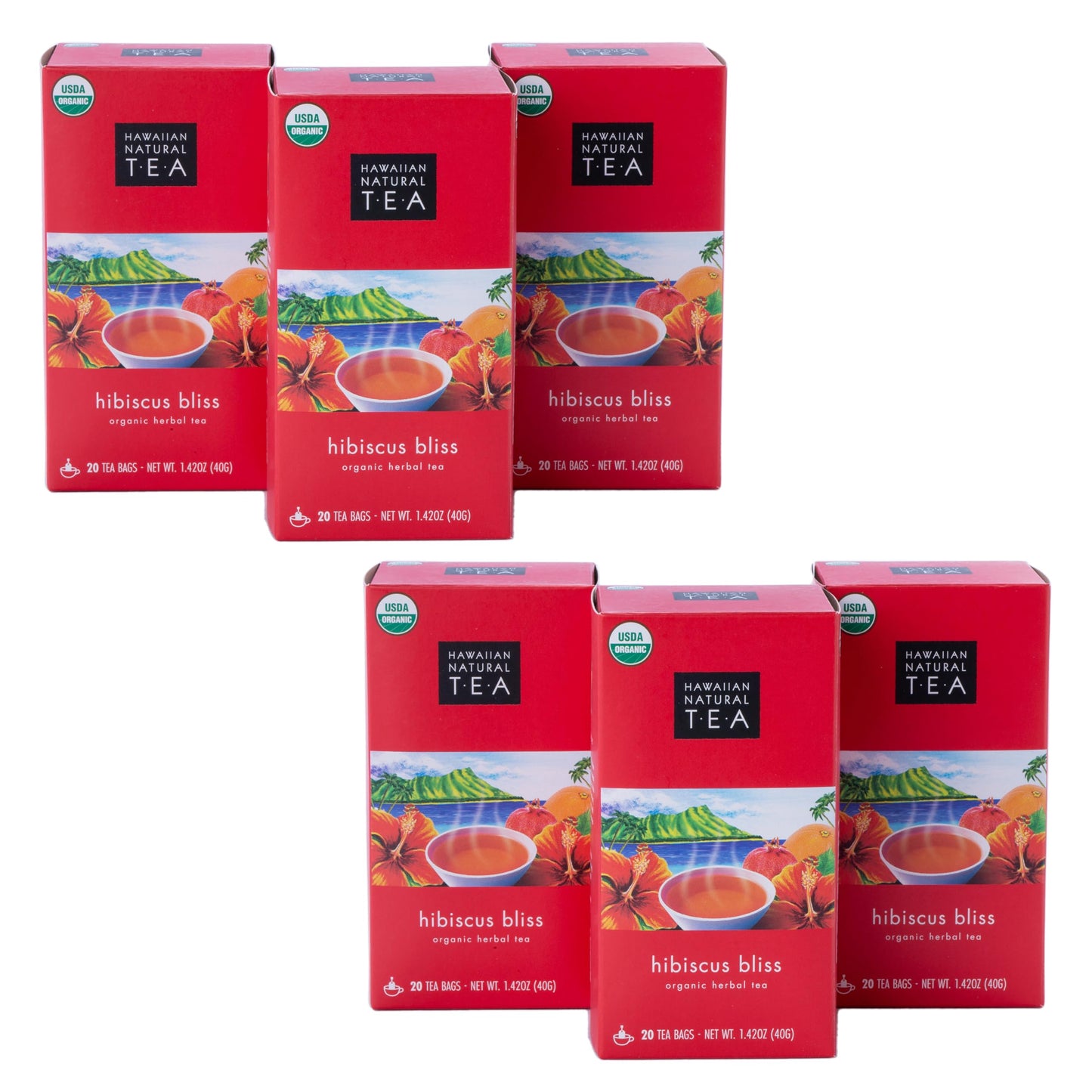 HAWAIIAN NATURAL T·E·A Hibiscus Flavored Herbal Tea - Caffeine Free, 120 Bags, Organic, 20 Count (Pack of 6)