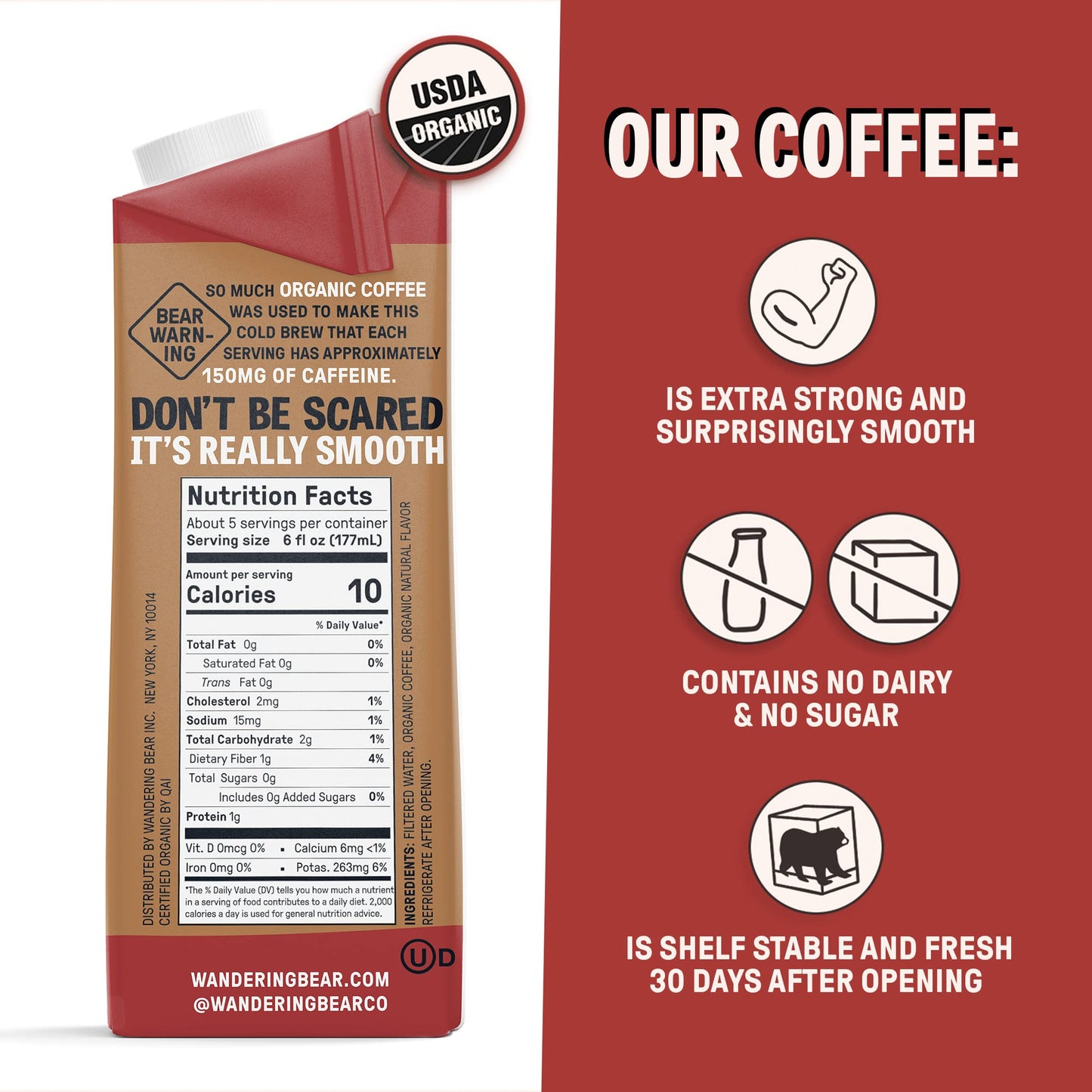 Wandering Bear Organic Mocha Cold Brew Coffee  32 fl oz  6 pack - Extra Strong  Bold  Smooth  Unsweetened  Shelf-Stable  Ready to Drink  Gluten Free  & Vegan  Iced Cold Brewed Coffee Drinks